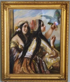 Orientalist women playing with a Green Parot, French, XIXst century circa 1870
