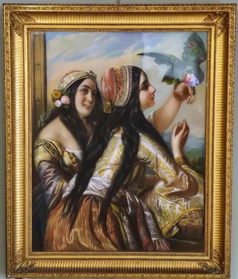 Unknown Figurative Painting - Orientalist women playing with a Green Parot, French, XIXst century circa 1870
