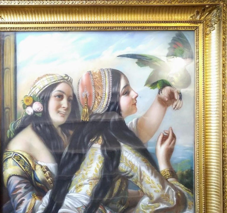 Orientalist women playing with a Green Parot, French, XIXst century circa 1870 - Romantic Painting by Unknown
