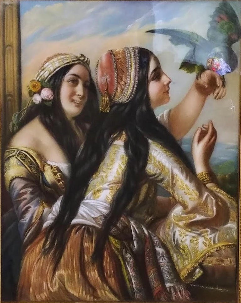 Orientalist women playing with a Green Parot, French, XIXst century circa 1870 - Painting by Unknown