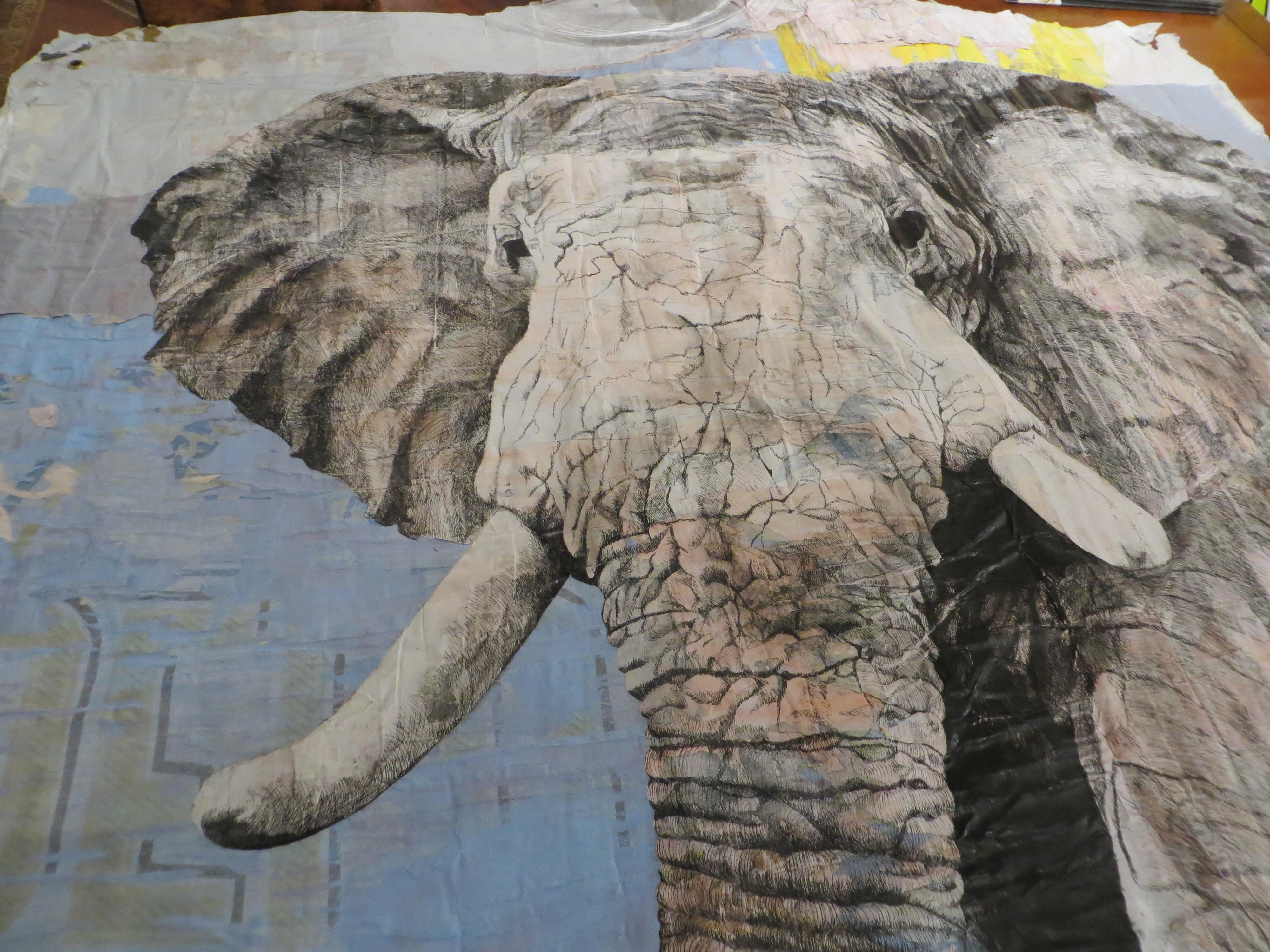 Elephant, Collage and Drawing - Gray Animal Painting by Xavier Spatafora