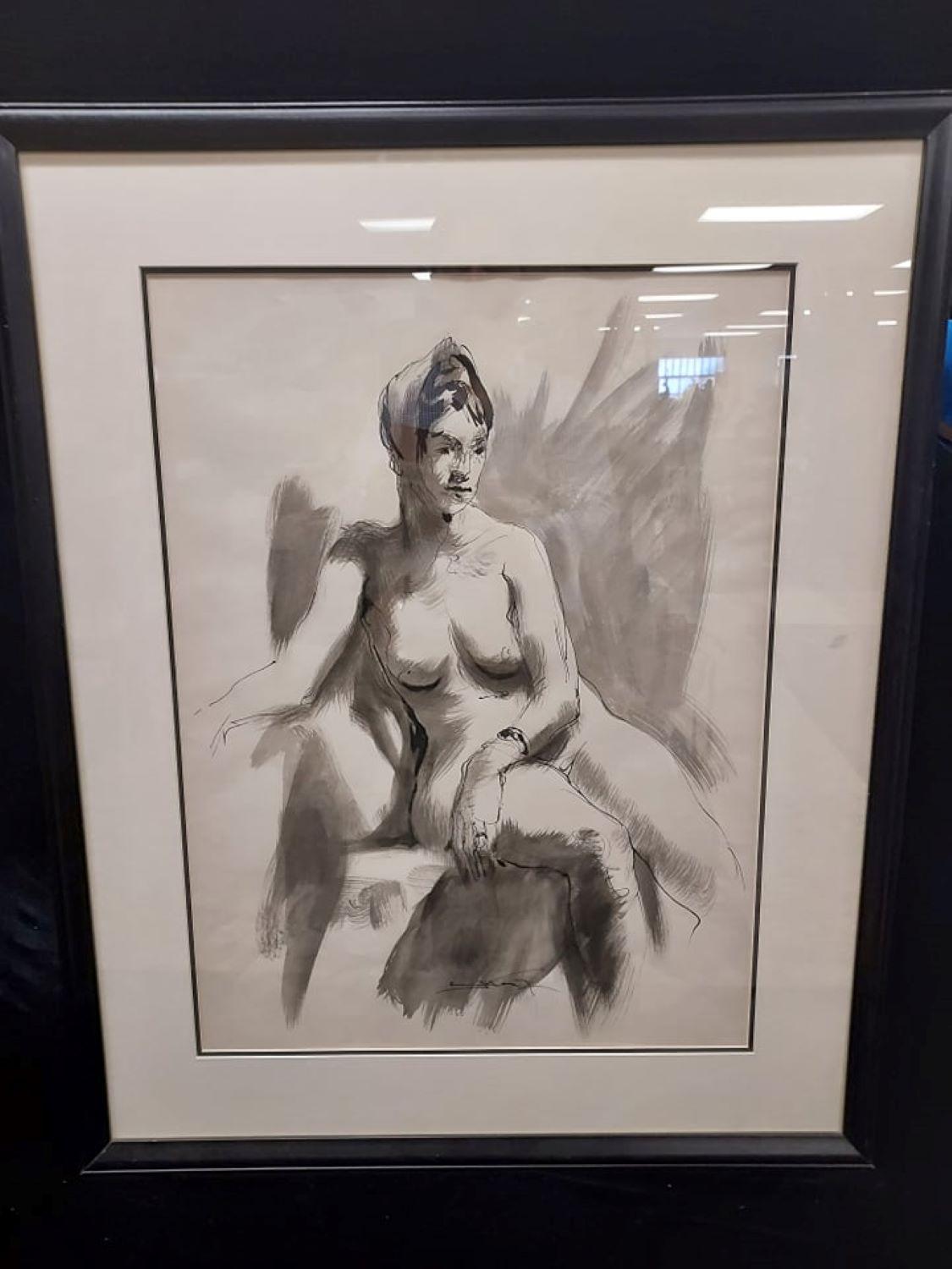 Seated Nude  Ink and Wash Drawing by Emil Kosa Jr