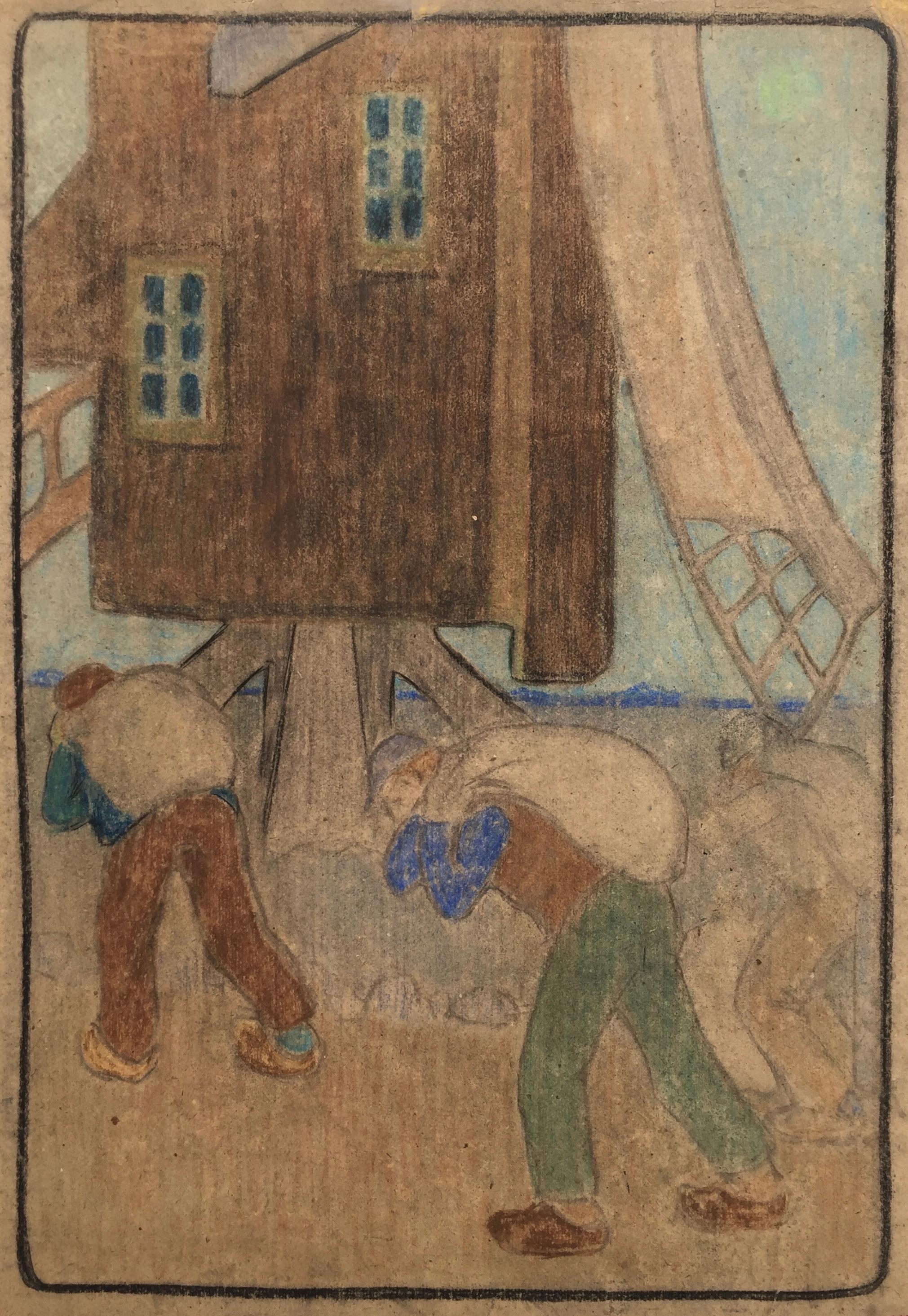 WINDMILL AND WORKERS (Large Pastel)