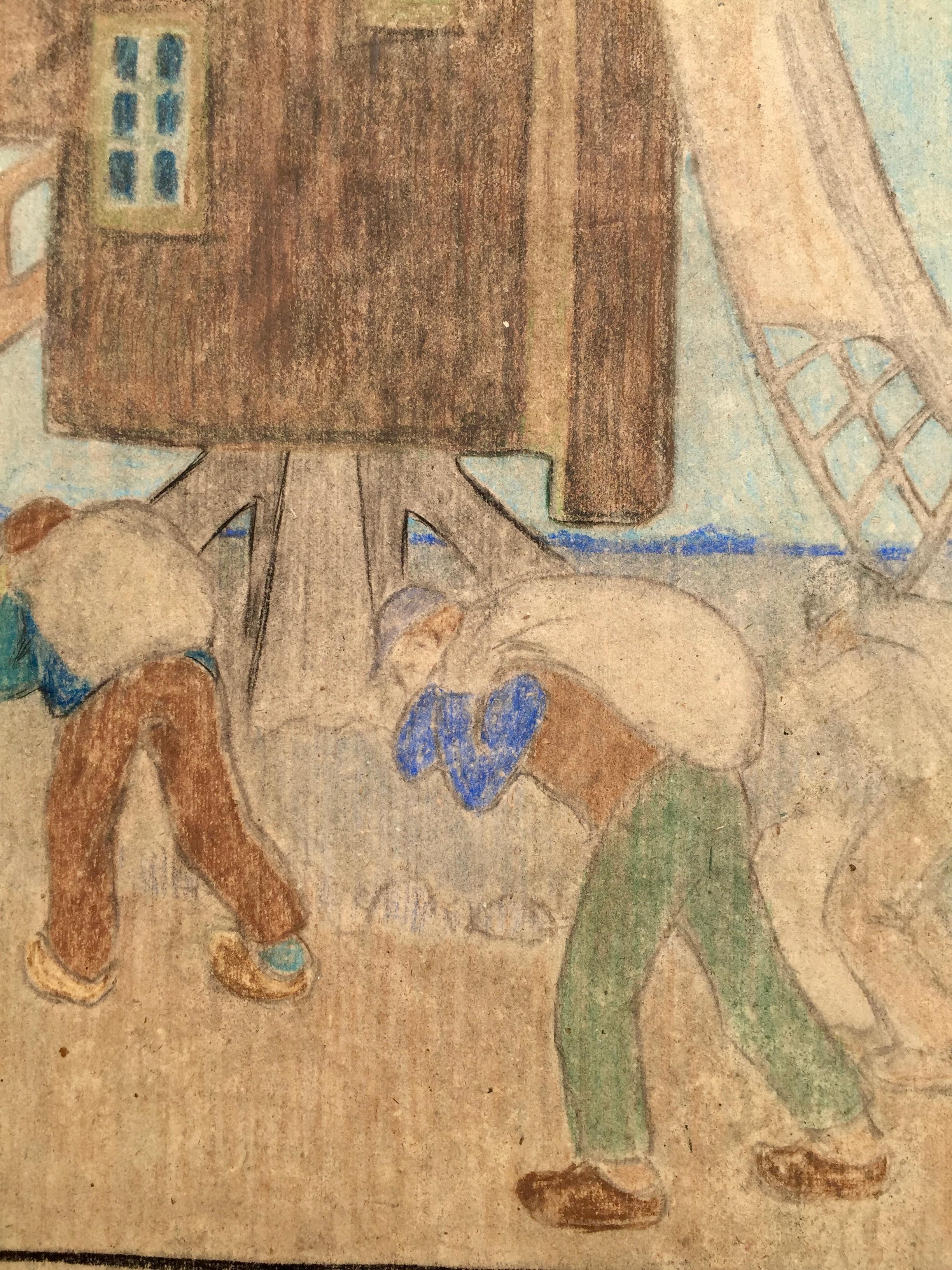 B.J.O. NORDFELDT (Swedish/American 1878 – 1955)

          (WINDMILL AND WORKERS). c.1900. Color pastel on colored paper,  
          unsigned. 22 ¼ x 15”. Sheet: 24 ½ x 18 ¼”.  In 1900 Nordfeldt studied in  
          Paris and then headed to