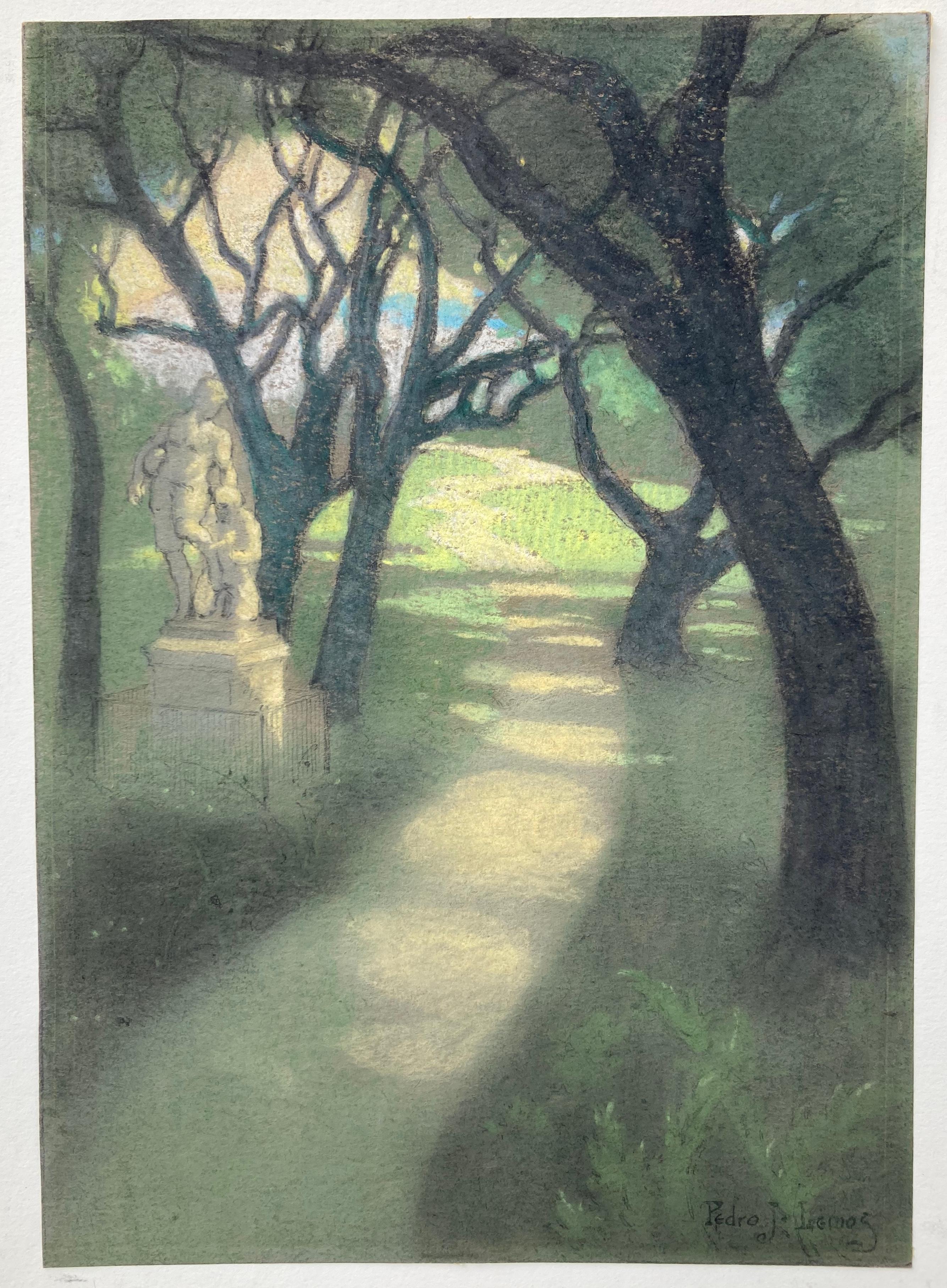 Pedro J. Lemos Landscape Art -  FOOTBALL STATUE THROUGH THE TREES - UC BERKELEY 1921 ORIGINAL YEARBOOK PASTEL