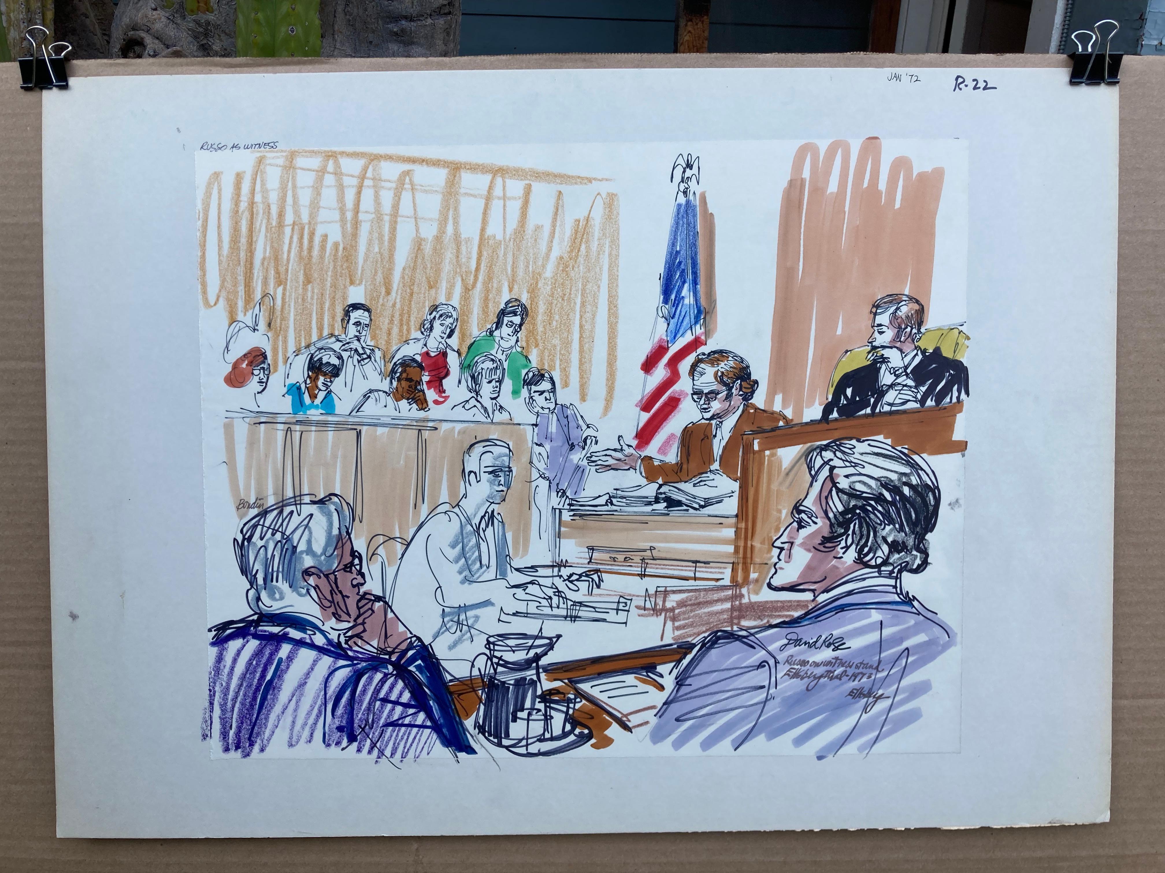 DAVID ROSE (1910 – 2006)

RUSSO ON THE WITNESS STAND, 1973
Color marking pen and ink on tracing paper. Image 16 3/8 x 20 1/8 inches, mount 20 x 28 inches. Attached to mount as created. Original drawing from the infamous Daniel Ellsberg - Pentagon