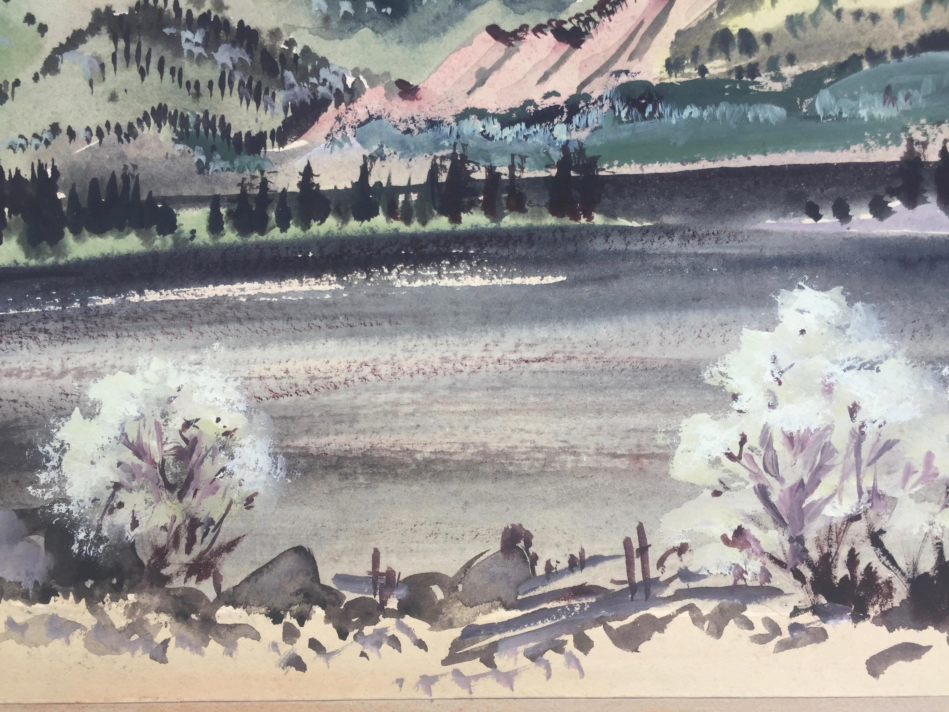 MOUNTAINS & LAKE + ANOTHER  PAINTING ON VERSO - Gray Landscape Art by Adolf Arthur Dehn