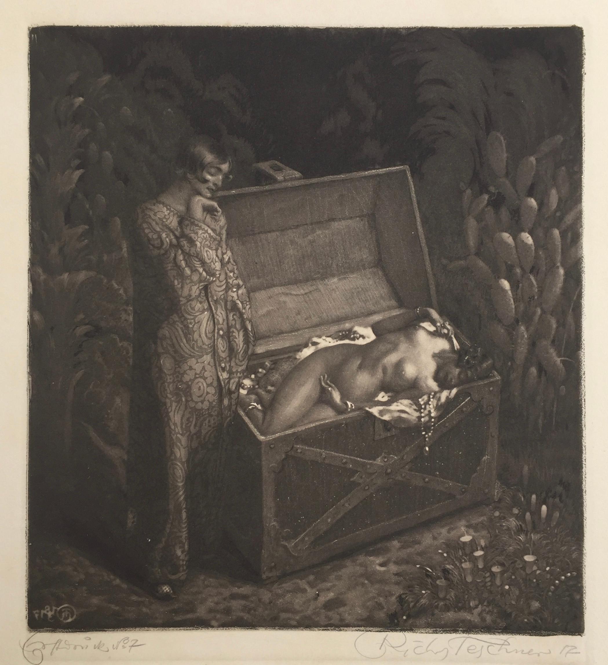 Richard Teschner Figurative Print - 1001  Nights - SURREALIST WOMAN  DEAD IN A TREASURE BOX