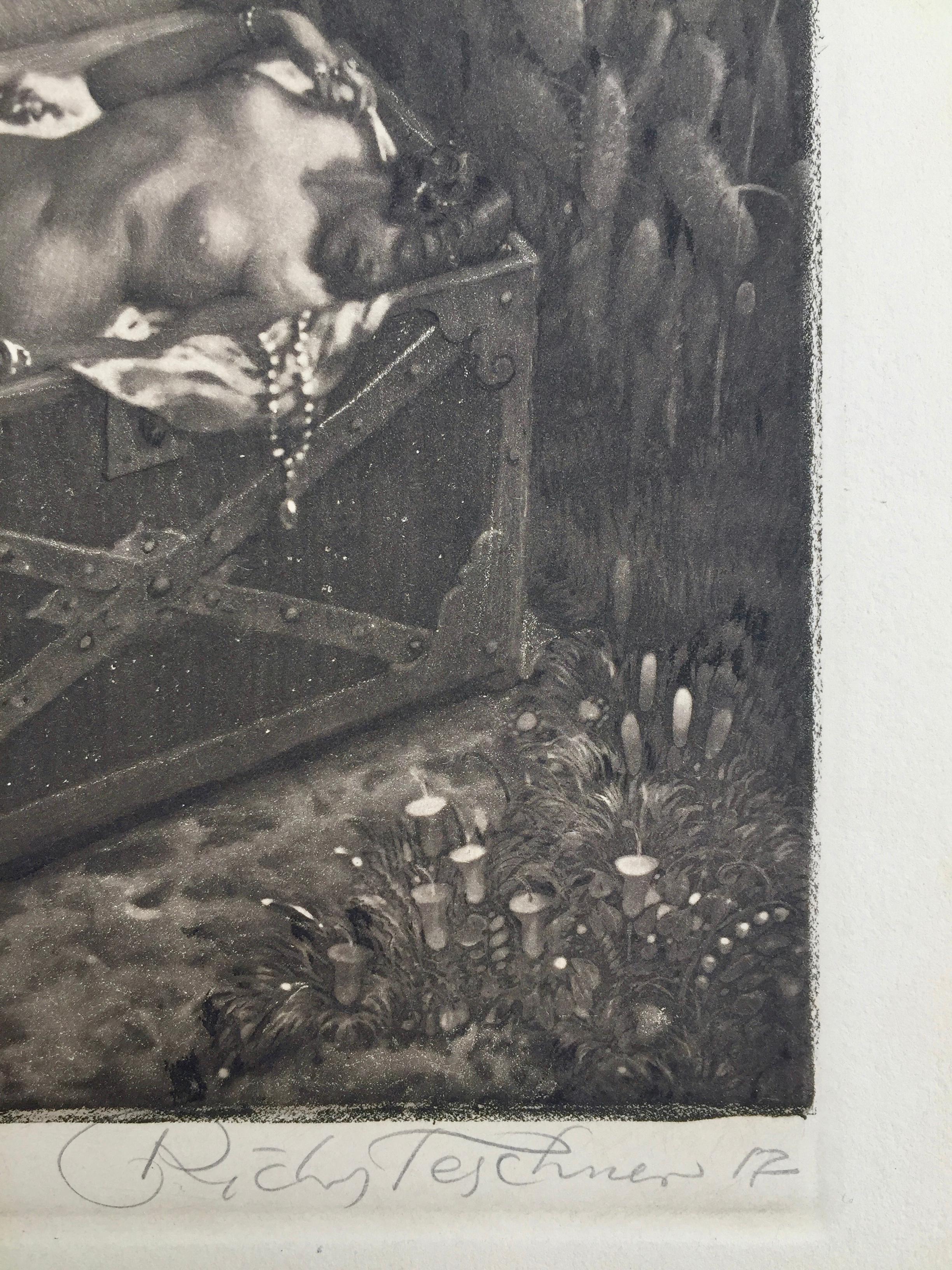 1001  Nuits - FEMME SURREALISTE  MORT DANS UNE BOÎTE À TRÉSORS - Print de Richard Teschner