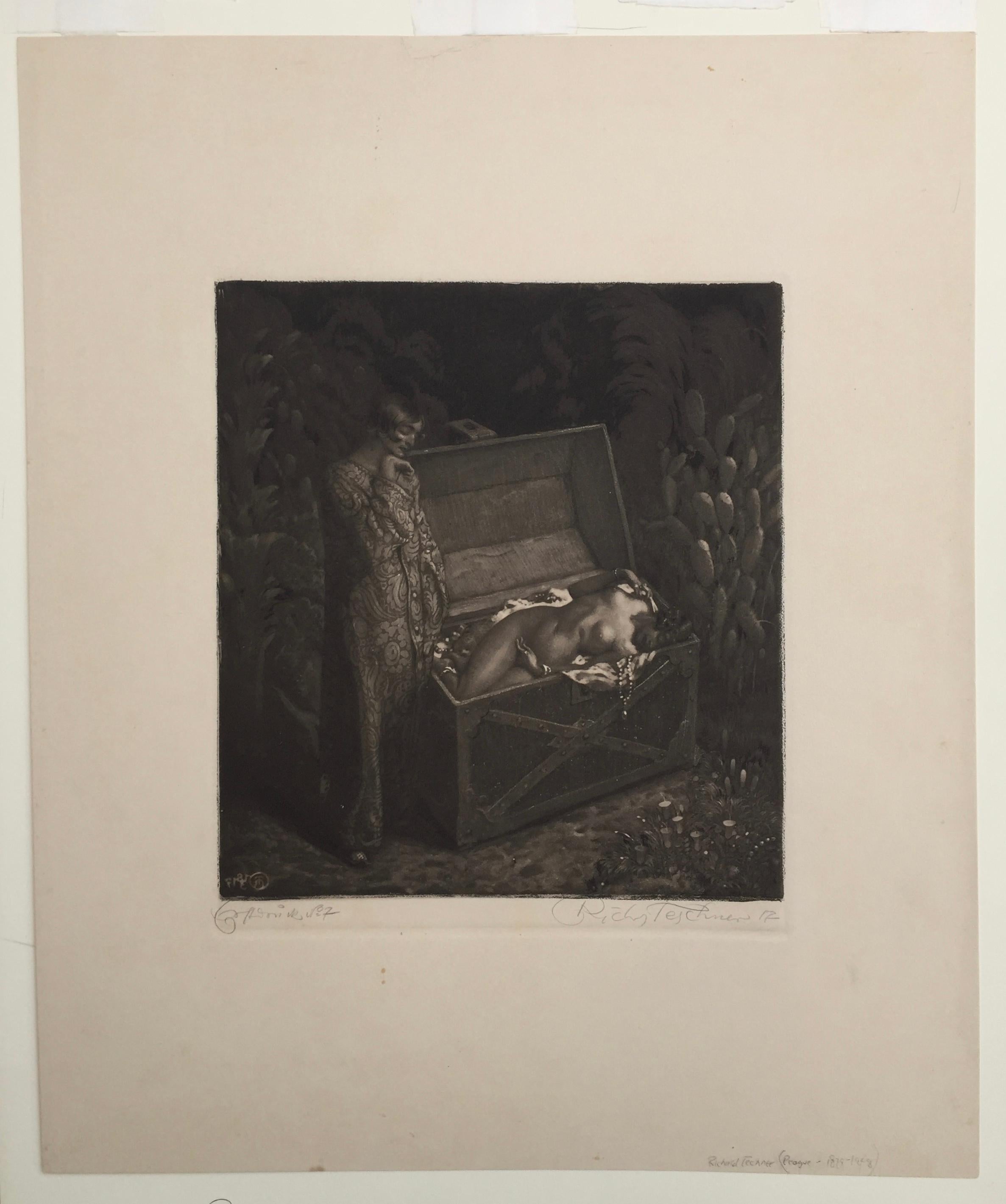 1001  Nuits - FEMME SURREALISTE  MORT DANS UNE BOÎTE À TRÉSORS - Noir Figurative Print par Richard Teschner