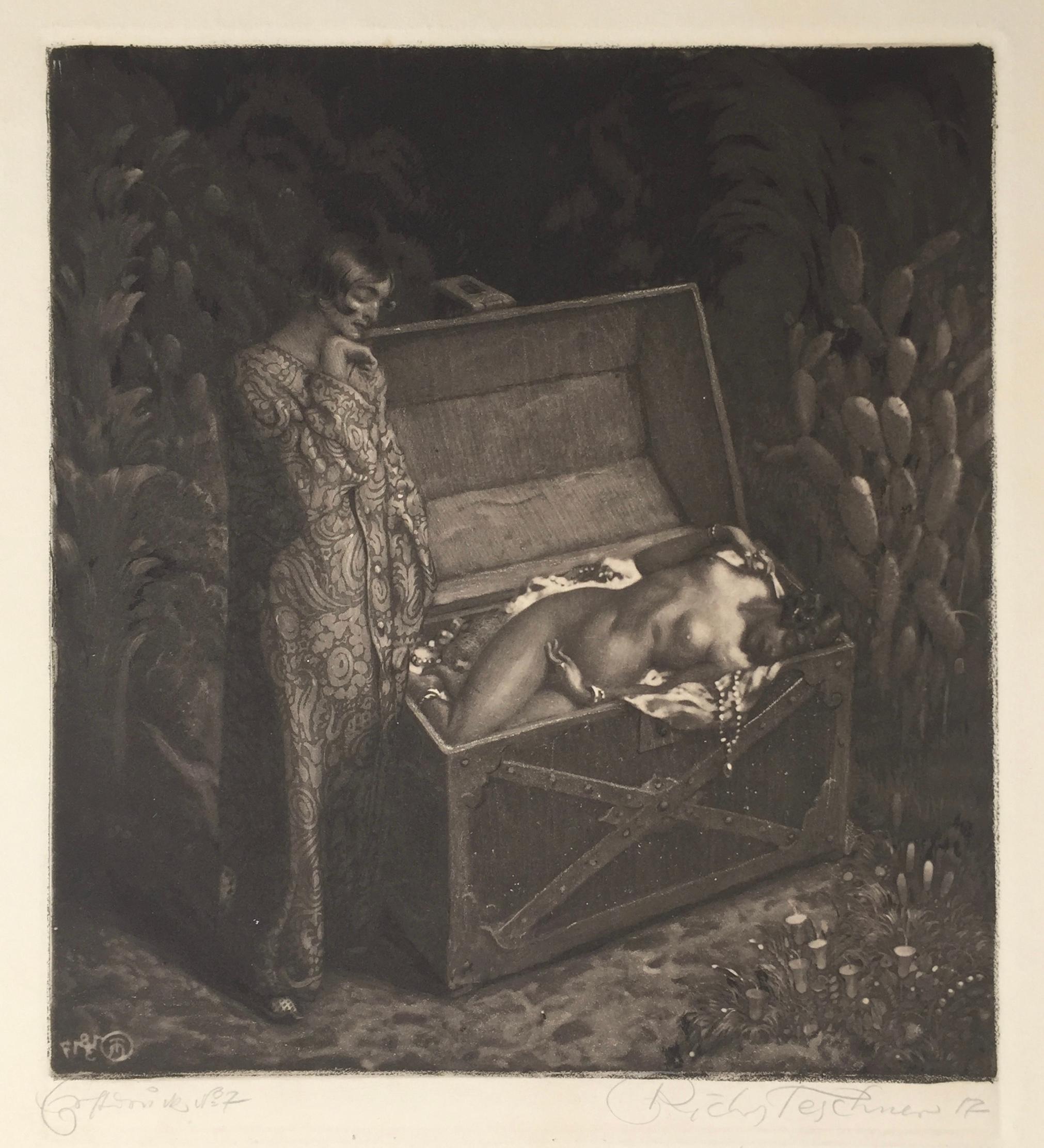 1001  Nights - SURREALIST WOMAN  DEAD IN A TREASURE BOX - Symbolist Print by Richard Teschner