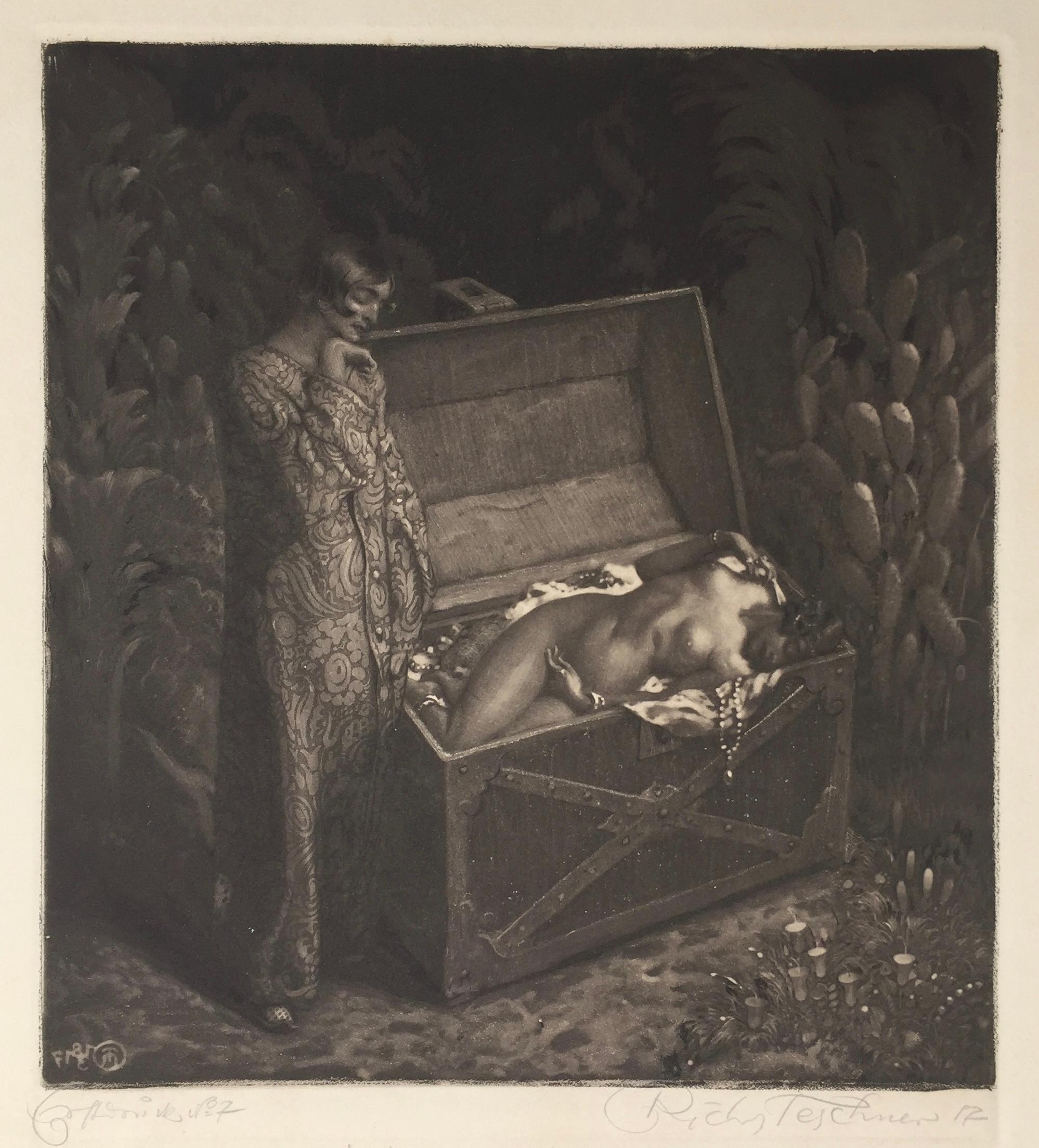 1001  Nights - SURREALIST WOMAN  DEAD IN A TREASURE BOX - Black Figurative Print by Richard Teschner