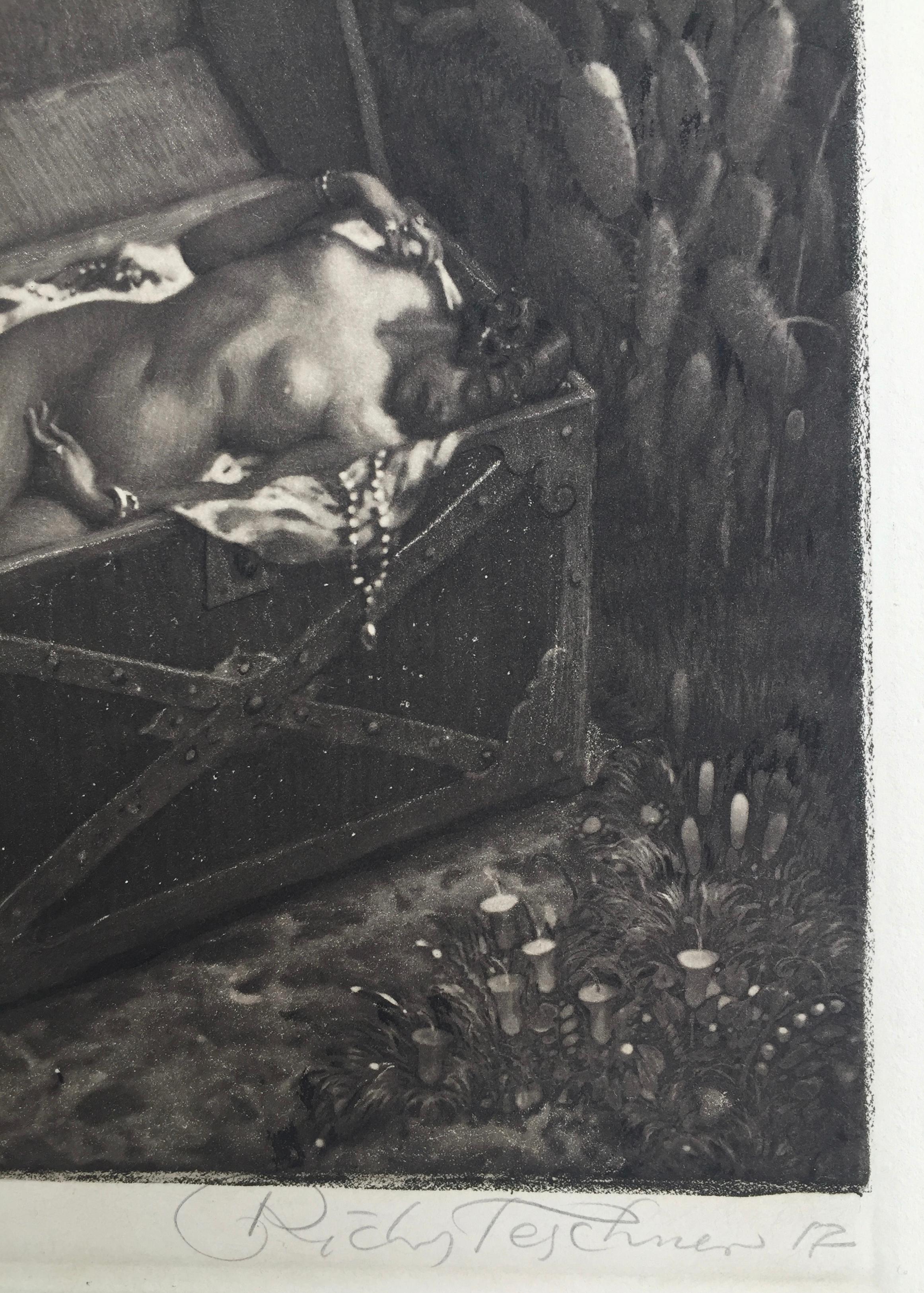 RICHARD TESCHNER (Prague 1879 – 1948)

From:  A Thousand and One Nights - 
SURREALIST WOMAN DEAD IN A TREASURE BOX, 1917 Aquatint, Proof no. 17.  Aquatint in brown. This is a rare signed proof impression. Signed and dated in pencil and in the plate.