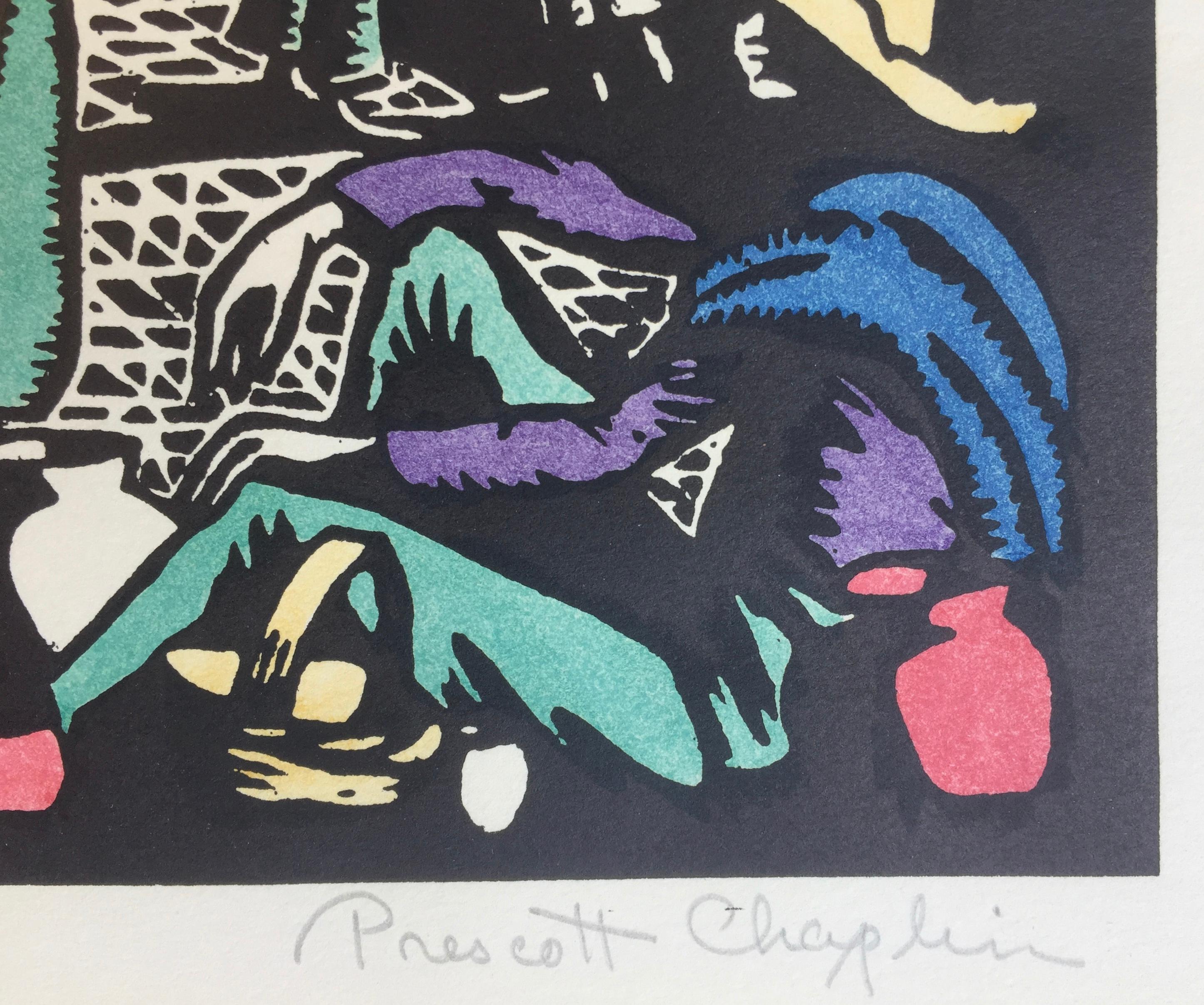 PRESCOTT CHAPLIN  (1897 - 1968)

MARKET DAY ca. 1931
Linoleum cut with hand coloring. Signed and titled in pencil. Image 8 1/4 x 10 5/8 inches., sheet 12 3/4 x 18 inches. In excellent condition with bright colors. His prints are often found on poor