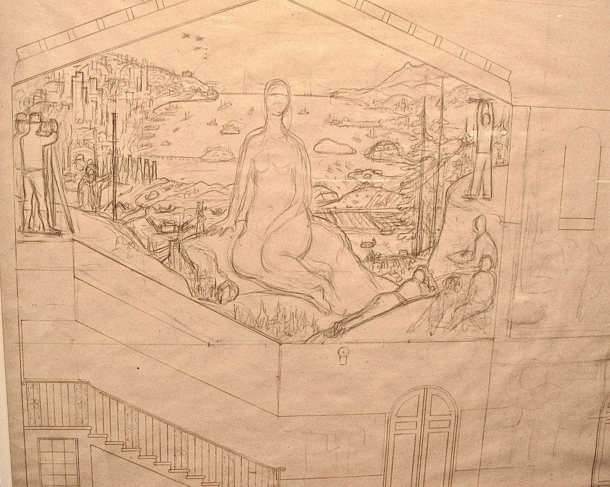 Diego Rivera Interior Art - San Francisco Art Institute Mural Preliminary Drawing