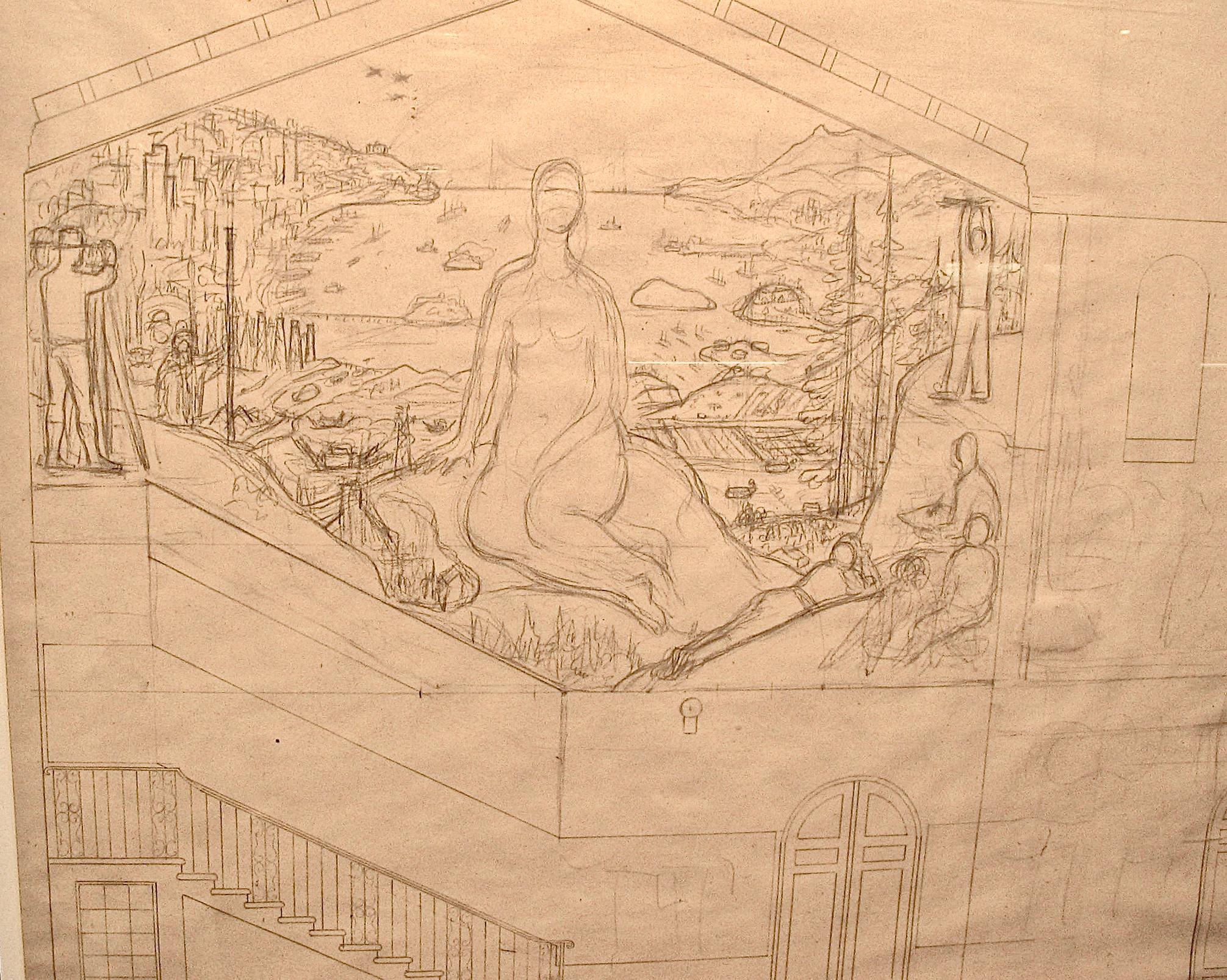 Diego Rivera Interior Art - San Francisco Art Institute Mural Preliminary Drawing 