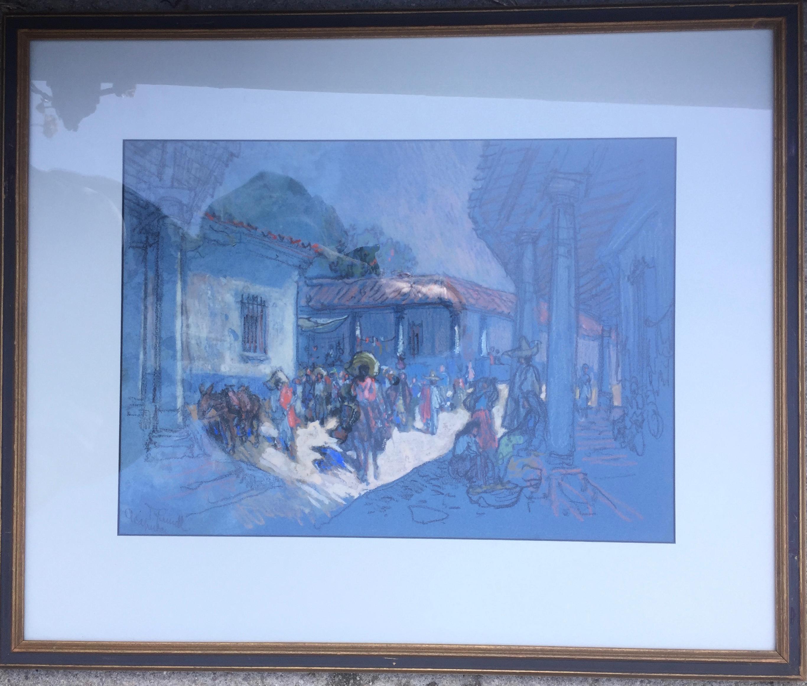 JOSEPH PENNELL (1857 - 1926)
ACAPULCO  1901-08. 
Farbige Pastell- und Gouachezeichnung auf blauem Papier. Signiert und betitelt mit Bleistift in seiner frühen Signatur. Bild 10 x 14 Zoll bis knapp an den Blattrand. Wunderschön gemachte Zeichnung.