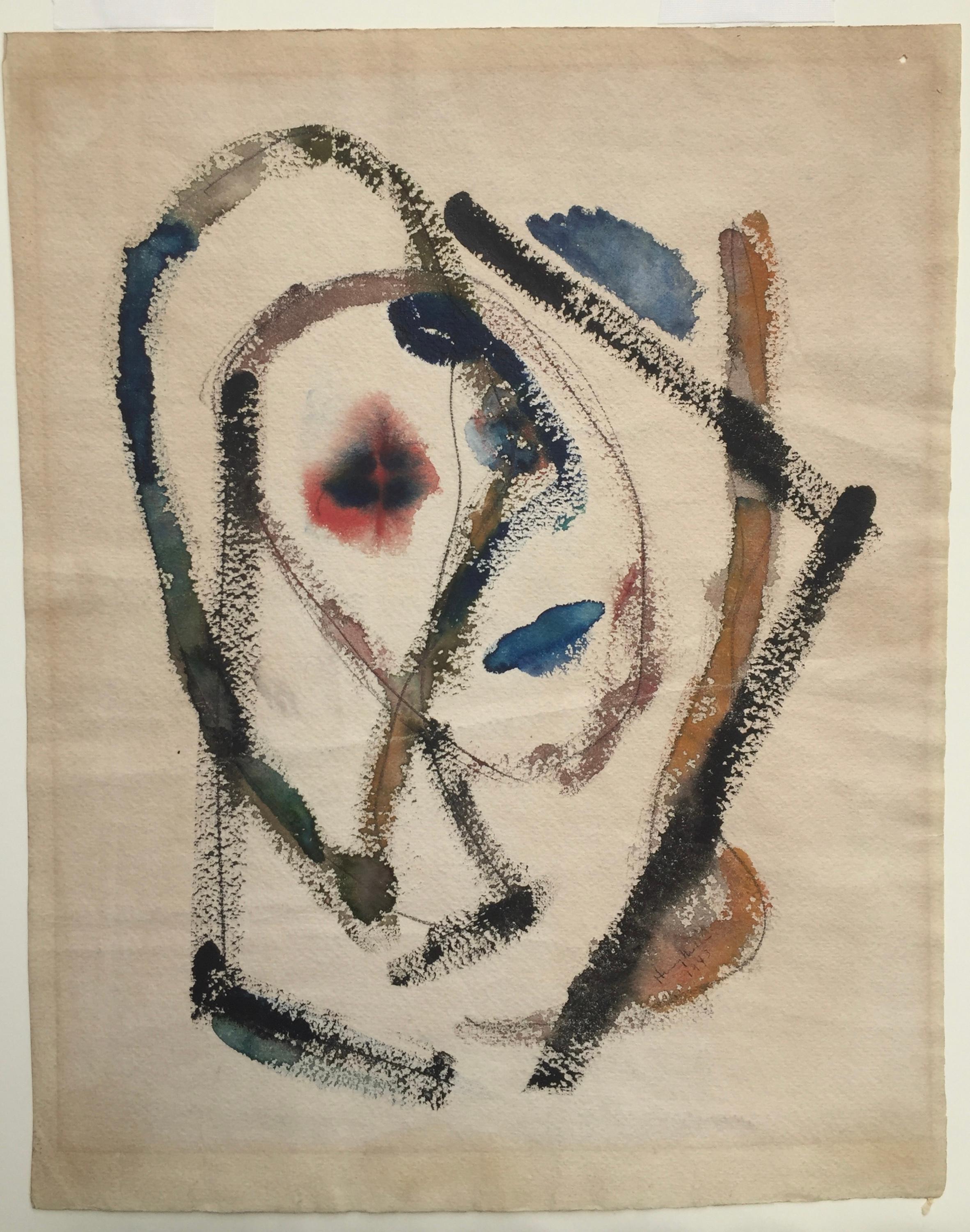 HENRY MILLER (1891 – 1980)
ABSTRACT PORTRAIT  - TARTE MELIA, 1943
Watercolor and gouache,  13” x 10 1/4” Signed and dated in pen. Irregular sheet, 15 1/2 x  12 ¼”. Henry Miller, author of Tropic of Cancer, Tropic of Capricorn, Black Spring, among