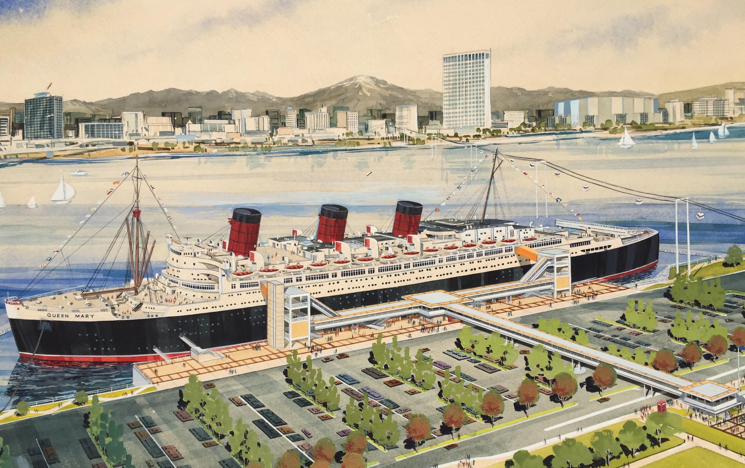 QUEEN MARY,  LONG BEACH, CA -  ORIGINAL ARTIST DESIGN FOR THE PLACEMENT OF THE SHIP 
Watercolor and gouache on board, 20 x 36 inches. Signed and dated by the artist - Segroves, 1969. The original artist concept for the placement in Long Beach Harbor
