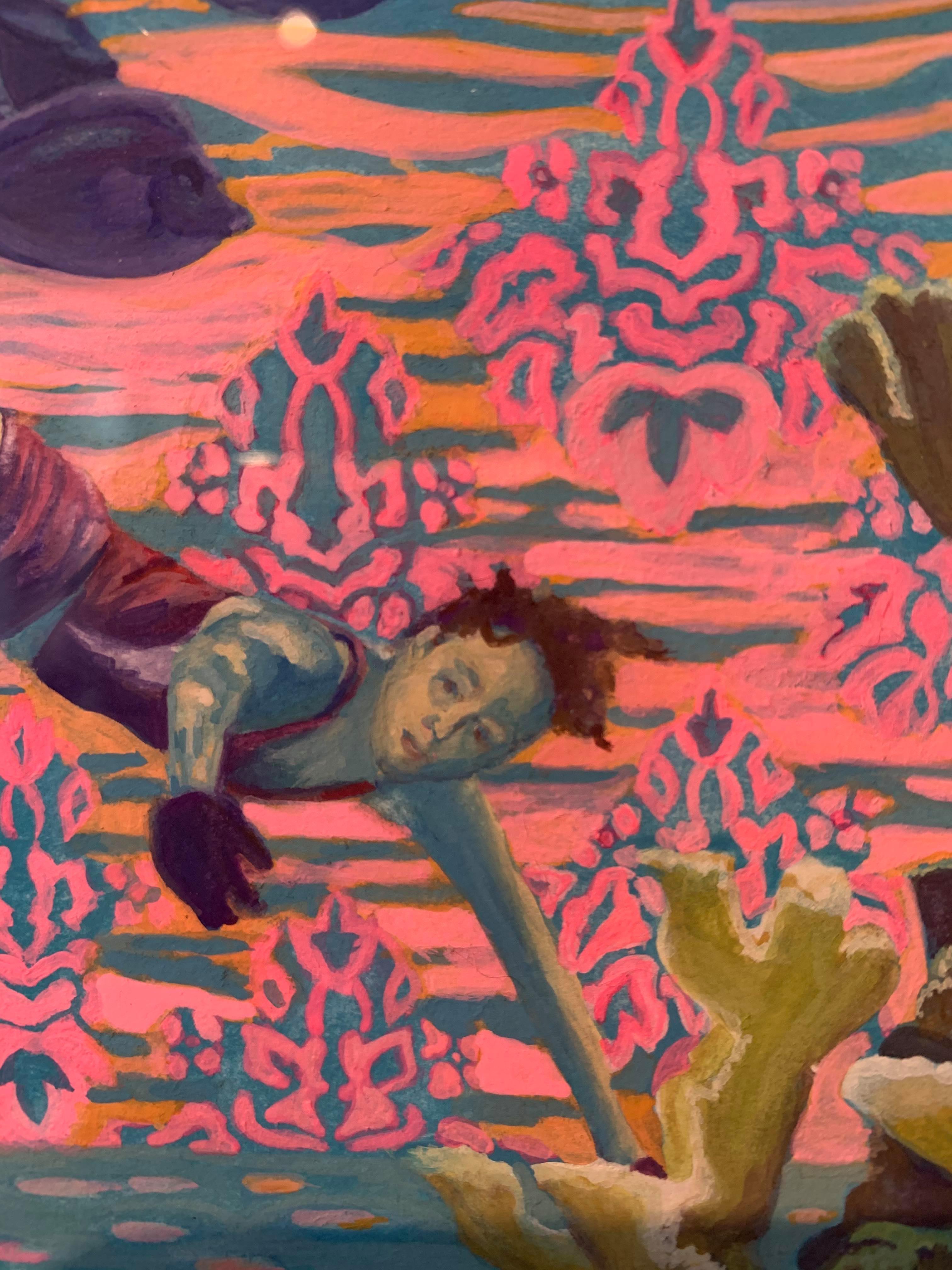 Questo pezzo in acrilico e gouache su carta raffigura un tuffatore che nuota nel mare, una torta nuziale e dei pesci sullo sfondo. Quest'opera mette in mostra molti colori vivaci, come i rosa caldi e le pesche, i verdi e i blu-verdi e i