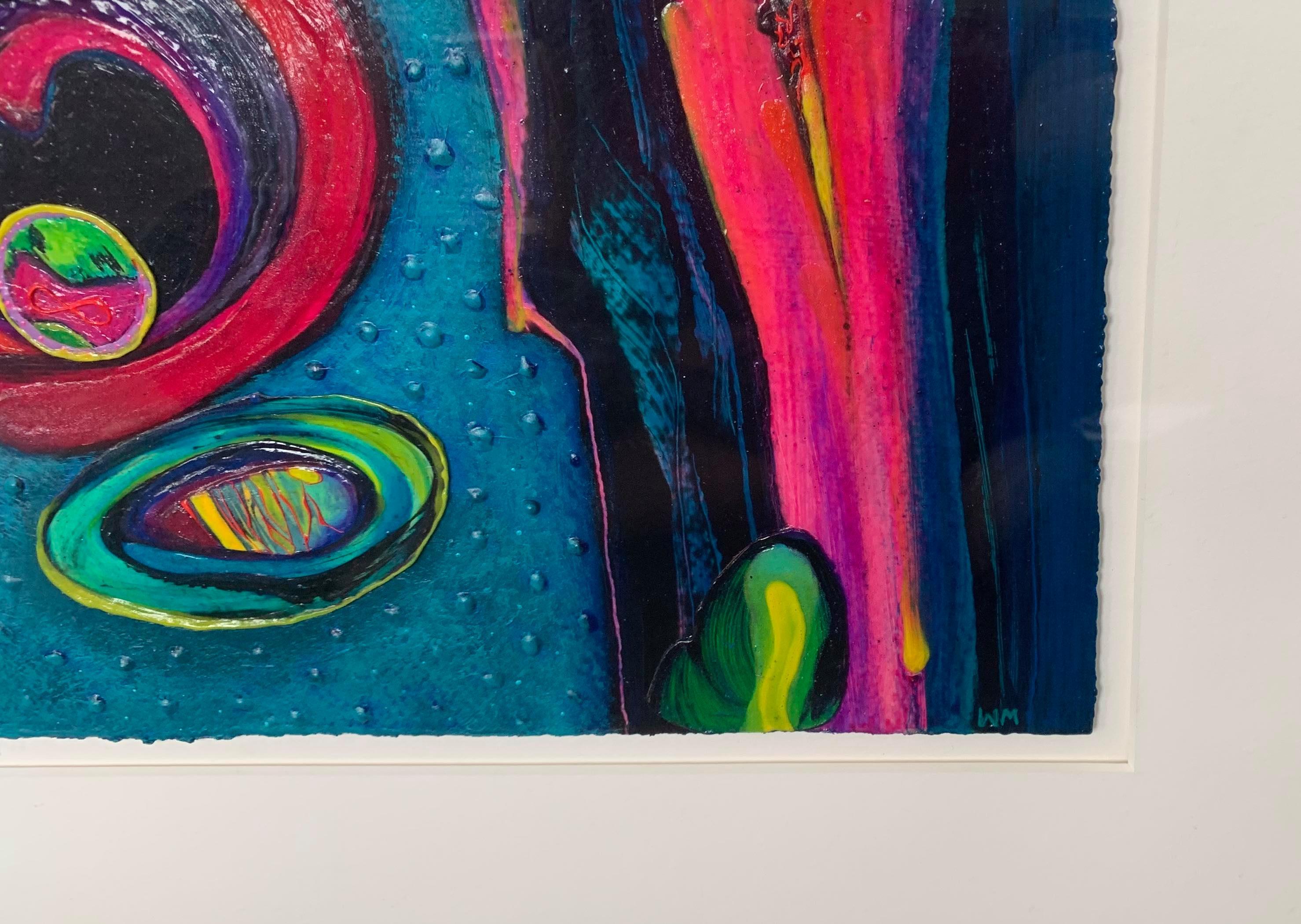 This abstract acrylic on paper painting uses bright color and a glazed paint texture to bring a dynamic feeling to this painting's composition. Brilliant cyan, quinacridone magentas, and accents of bright green enhance the burnished appearance of