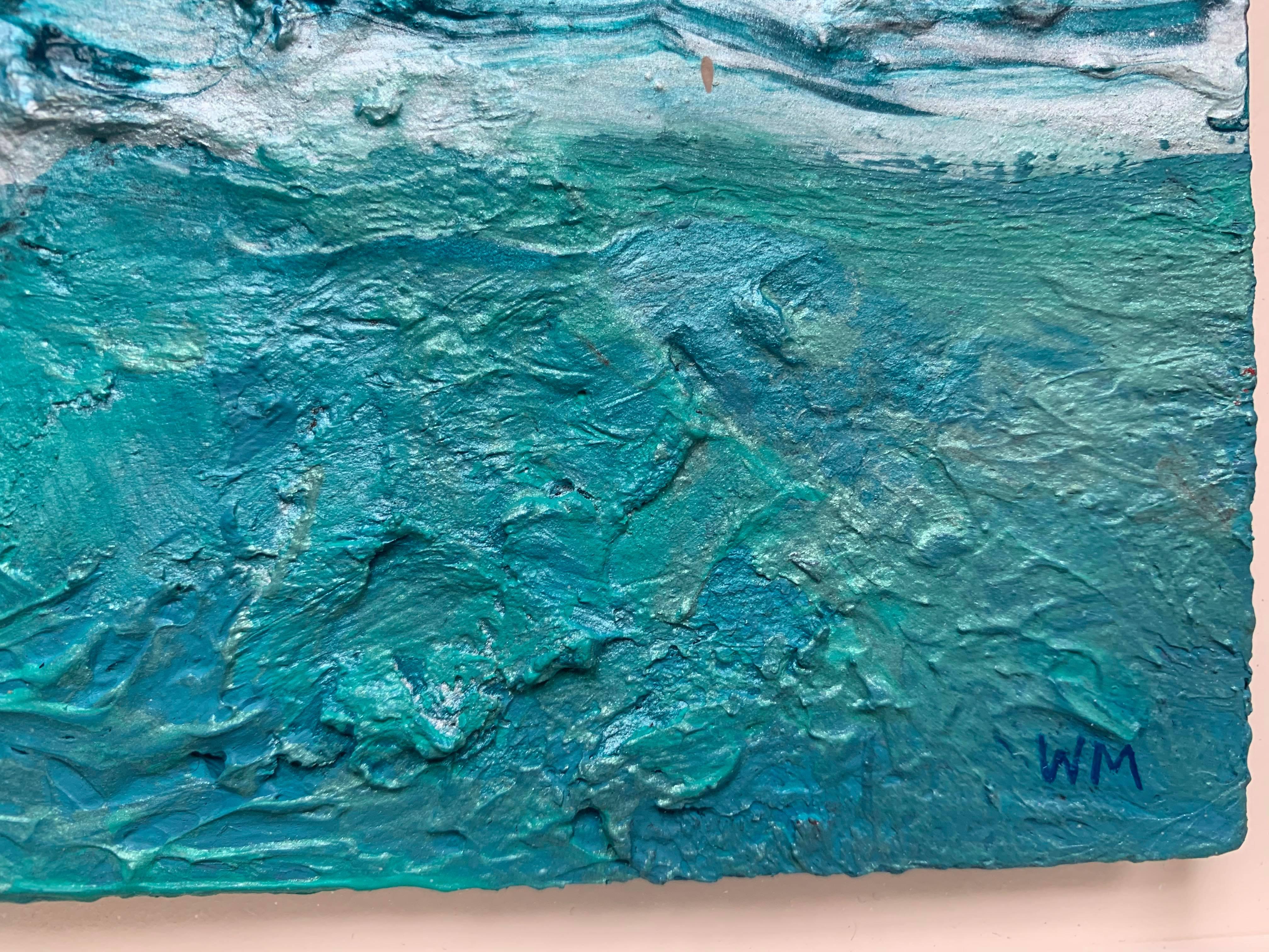 This acrylic on paper painting presents a lovely seascape. The tranquil violet of the sky complements the deep turquoises of the ocean's water. An impasto technique is used to give the water a sense of movement, with waves crashing on each other. 