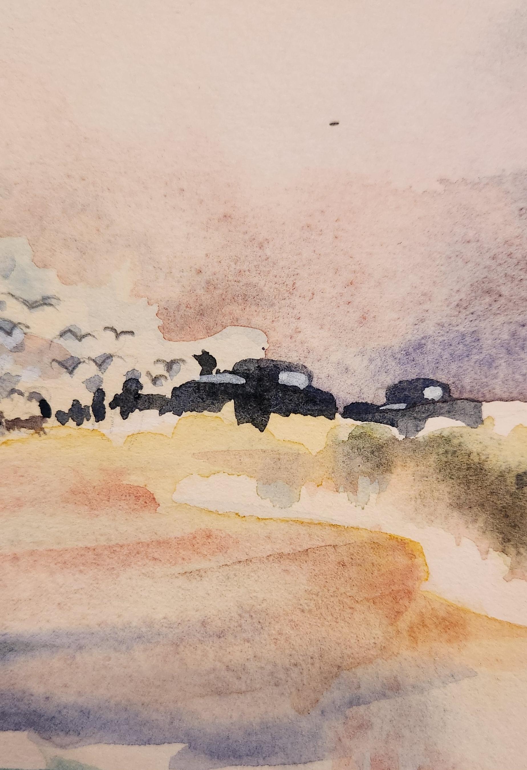 Cette magnifique aquarelle d'Helen Nadler crée une vue sereine de pêcheurs et d'oiseaux parmi les dunes d'une plage. L'atmosphère créée par l'utilisation de couleurs et de formes douces dans la pièce ajoute une nature paisible et presque onirique à