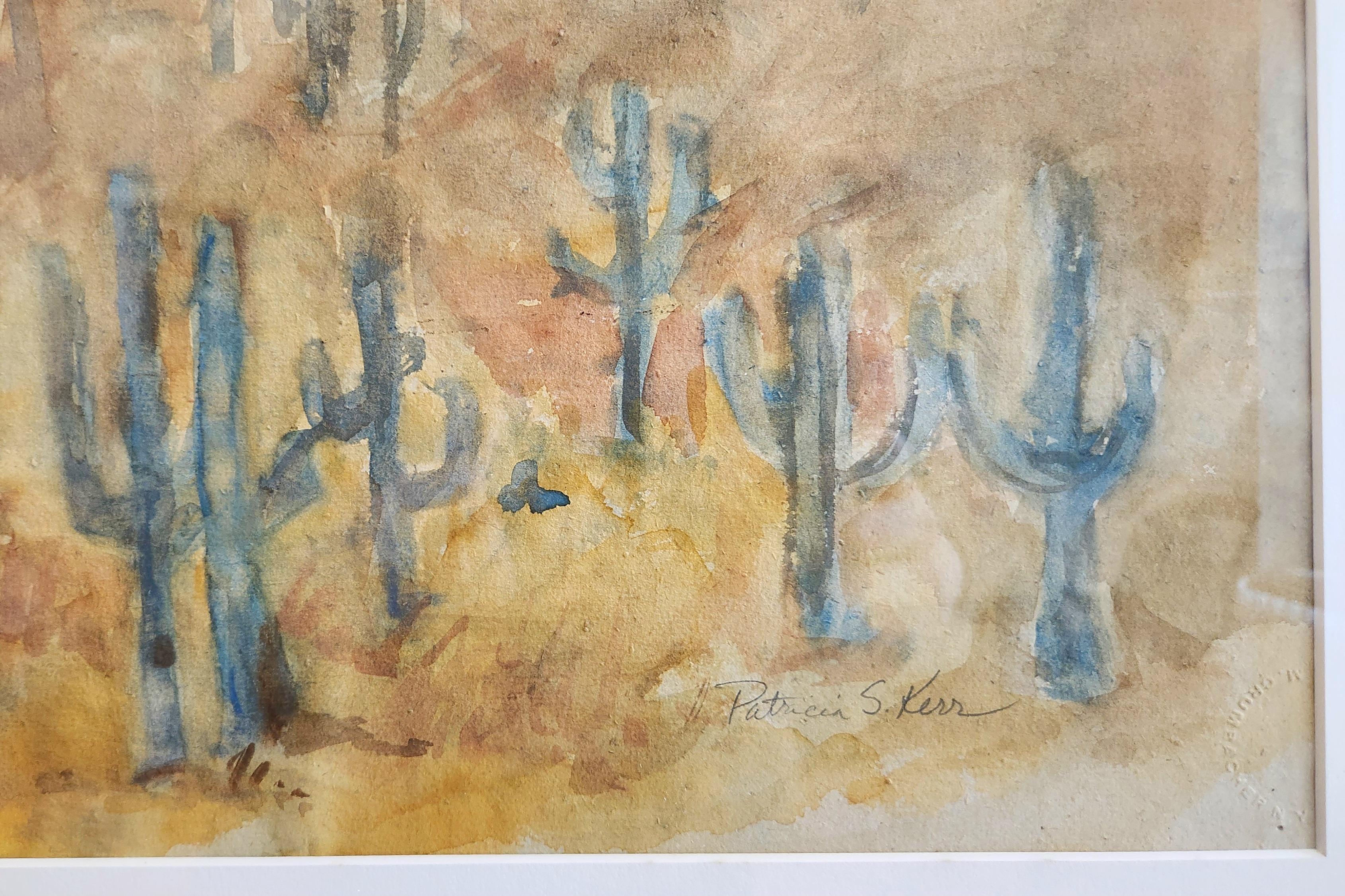 This watercolor is a wonderful example of of an abstract southwestern landscape. The colors used in this piece evoke the warmth of the desert it depicts, consisting of a wide range of oranges and yellows, with deep green cacti. This piece