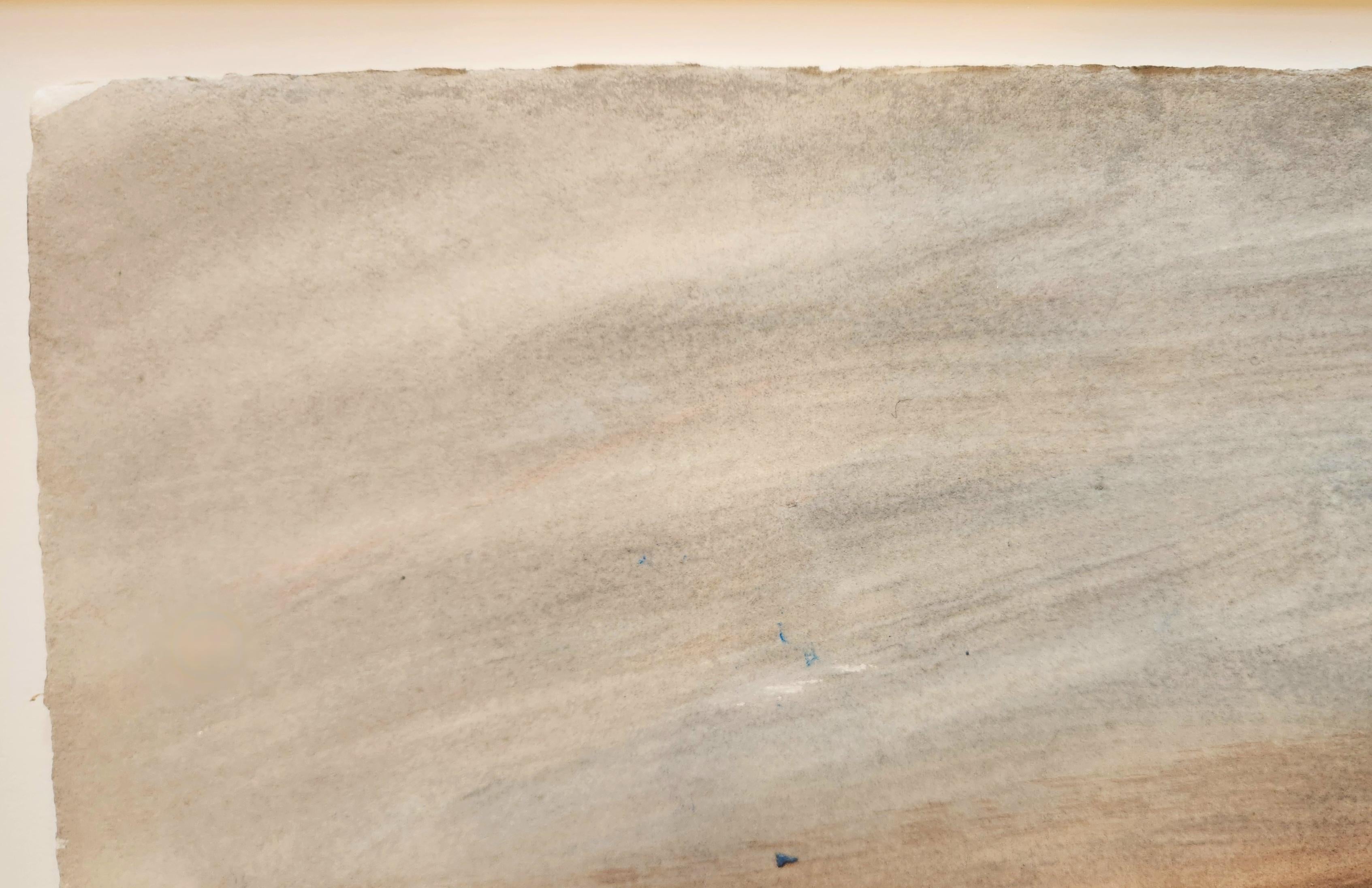 Il s'agit d'une aquarelle étonnante qui fait forte impression avec ses blocs de couleurs cerise, marron et bleu-gris. La composition abstraite est simple mais dynamique, des bandes de couleur traversant l'espace pictural d'est en ouest. L'artiste a
