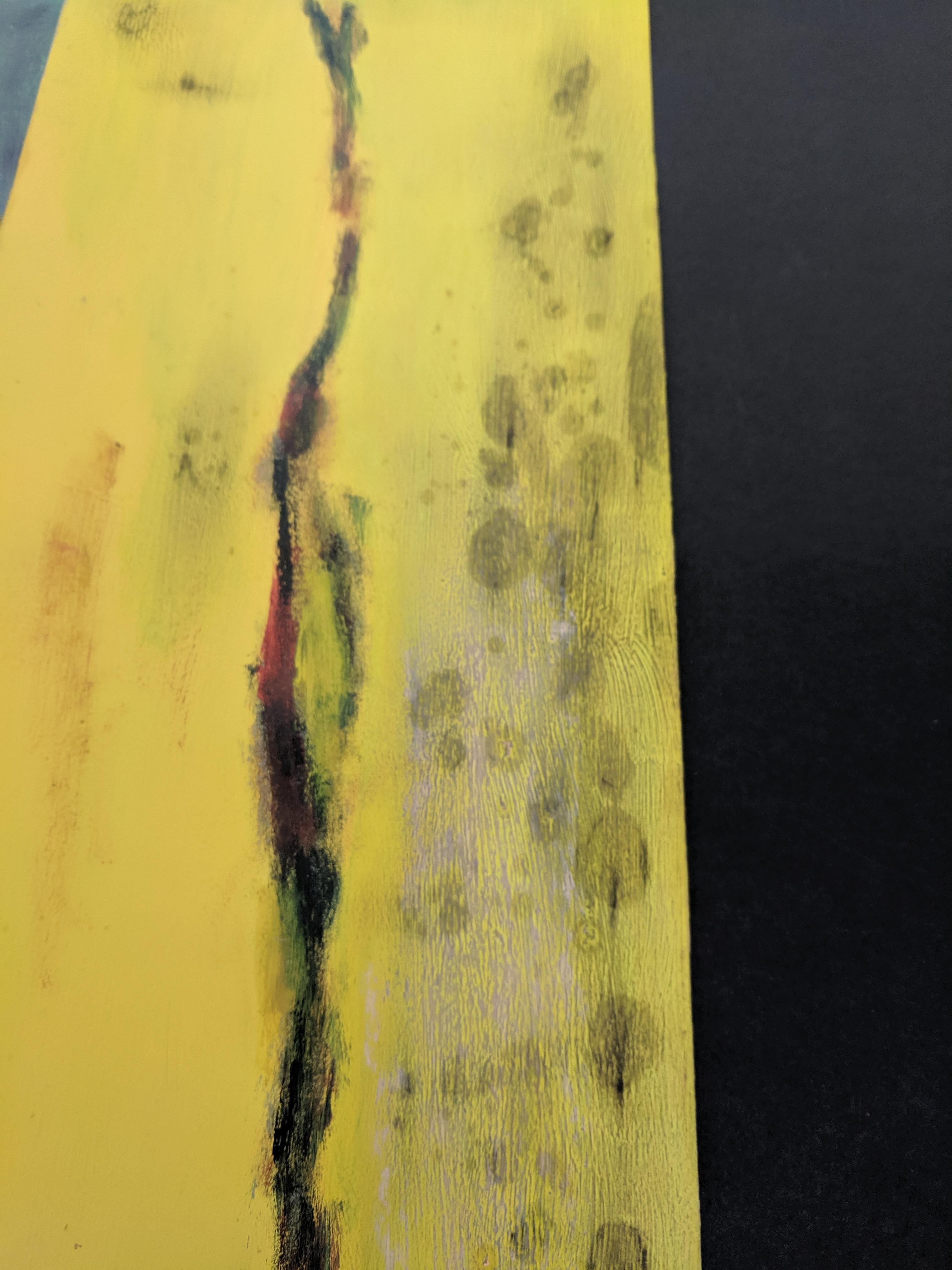 Il s'agit d'une œuvre mixte sur papier. L'espace pictural est bifurqué en deux, chaque espace s'étendant au-delà de la page. L'un des espaces est un mélange de bleu et de turquoise ; l'autre espace est jaune avec un ruisseau au milieu en brun et