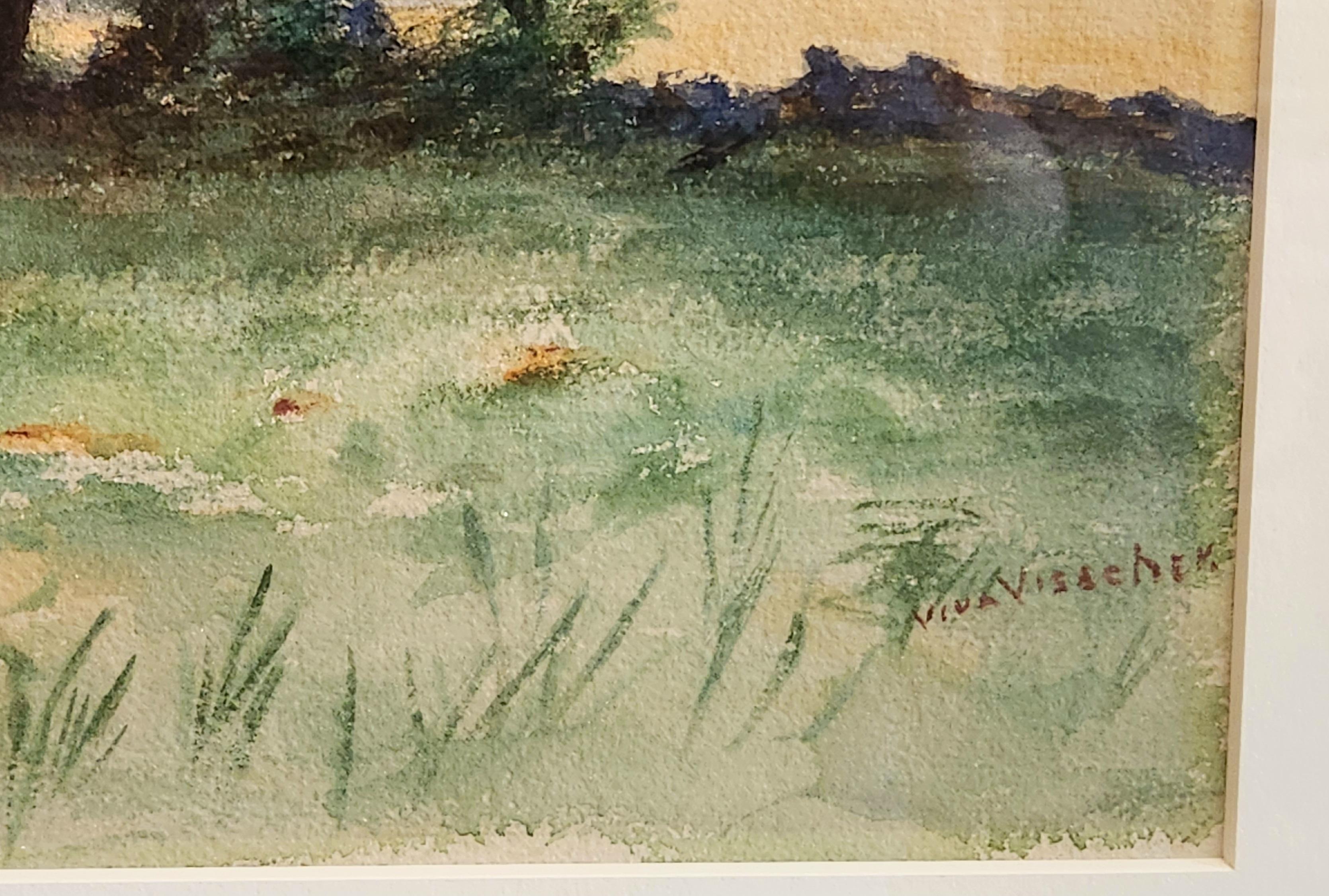Questo acquerello raffigura un paesaggio cupo con un boschetto di alberi e un ruscello sotto un cielo coperto. Il verde intenso dei pini e degli arbusti lungo l'orizzonte crea una separazione quasi netta dal grigio-blu del cielo e dal verde chiaro