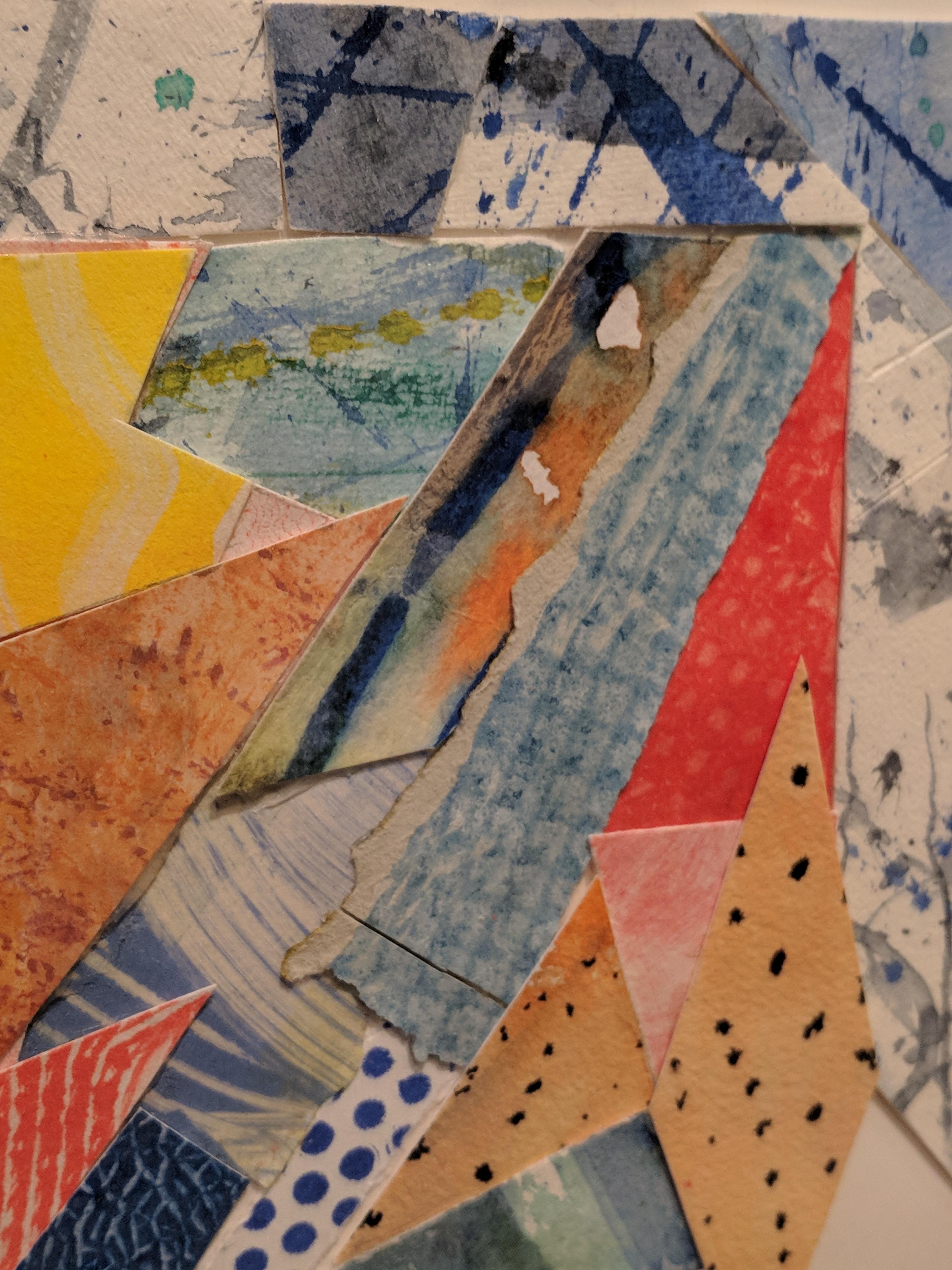 Using mixed-media and paper collage, the artist presents a series of abstract shapes. With blues predominating, the pieces of the collage are from some of the artist's earlier paintings. Some of the pieces resemble textile, thus providing