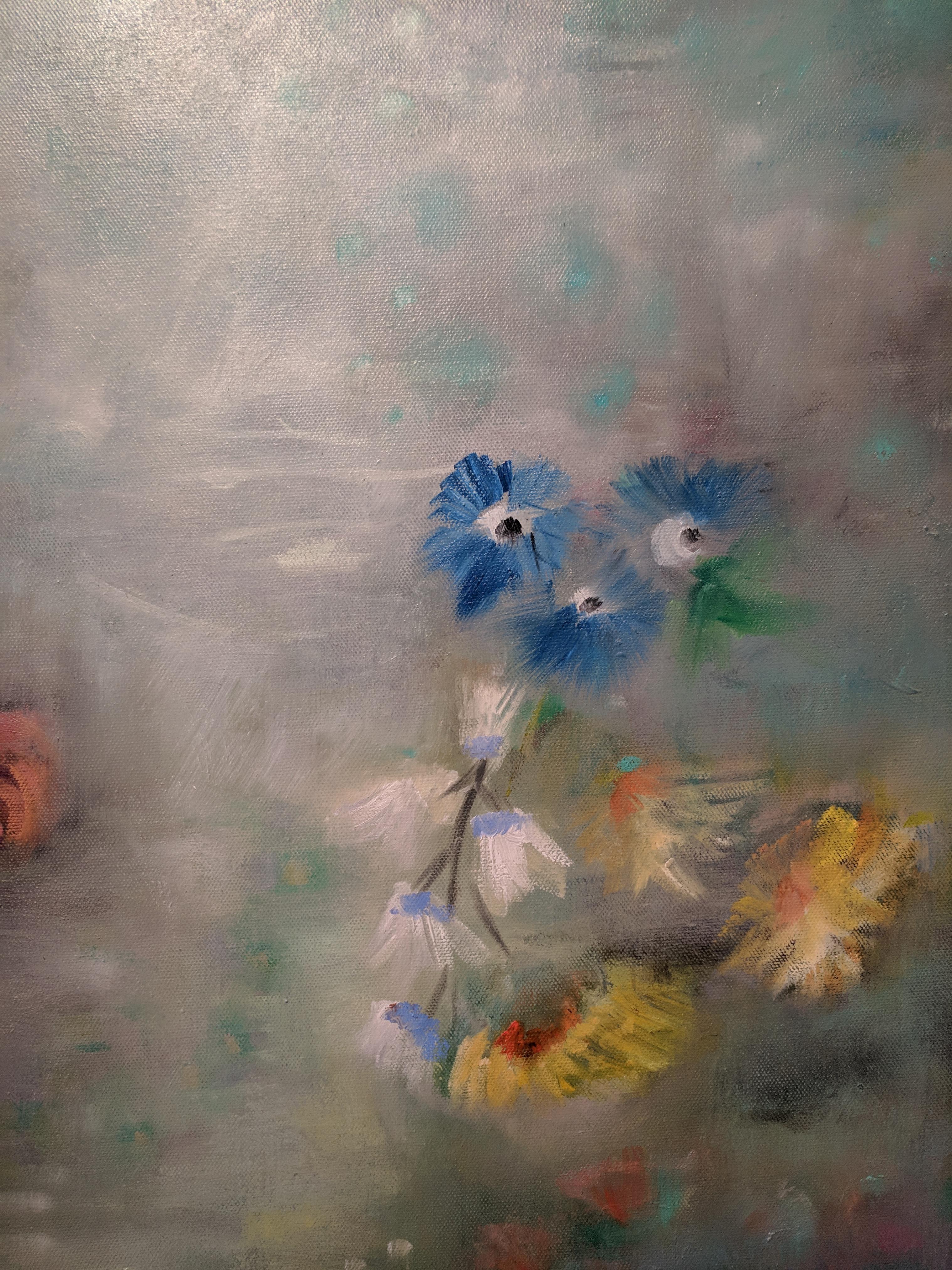 Oil on Canvas Still-life -- Summer Blooms - Gray Landscape Painting by Alexandra Higgins