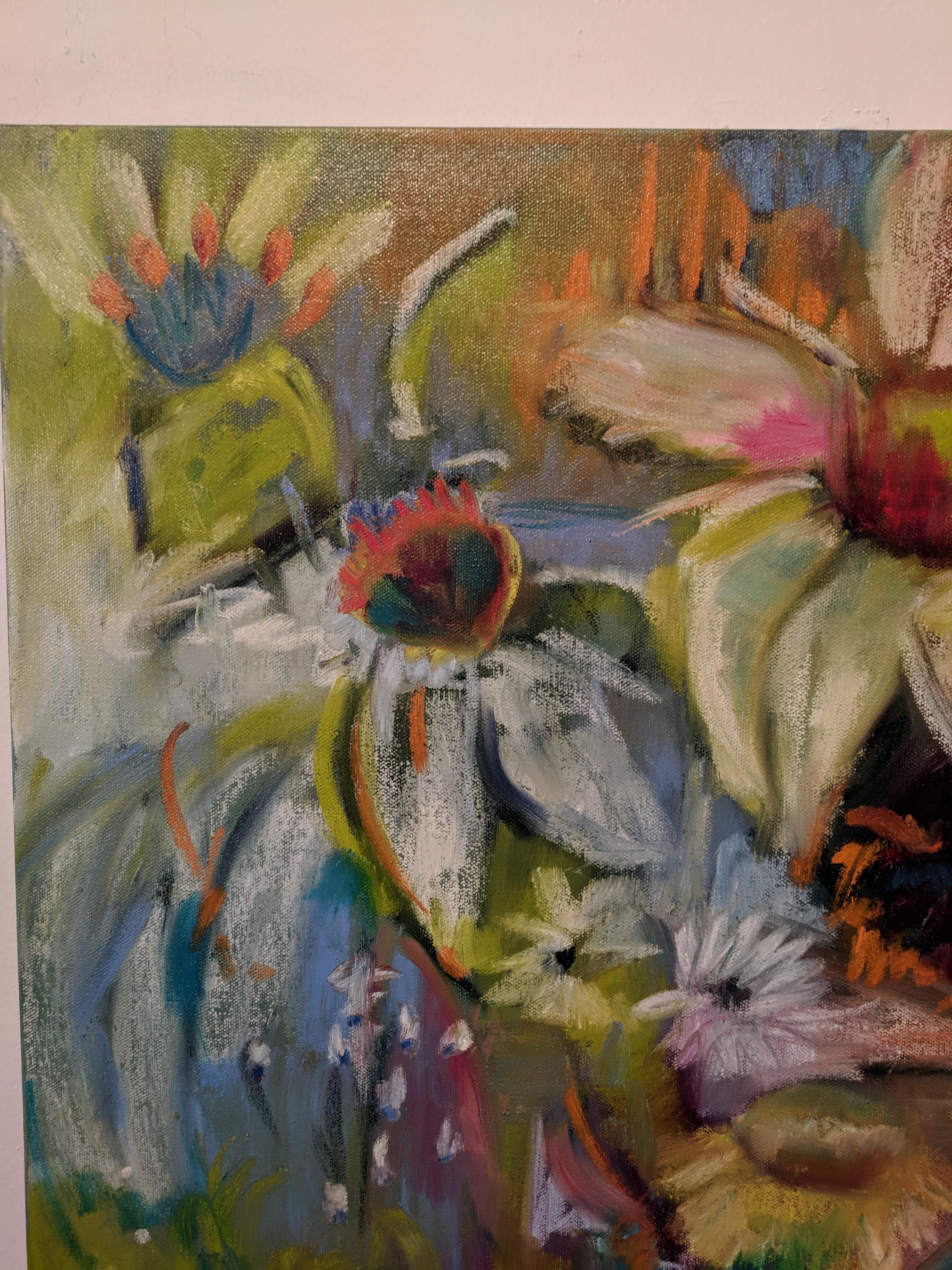 The artist emphasizes in this oil painting several mid-summer flowers in full bloom. The mostly white flowers are punctuated by stamens in shades of ochre. This is joyous piece signed by the artist in the front.

Alexandra Higgins is a landscape and