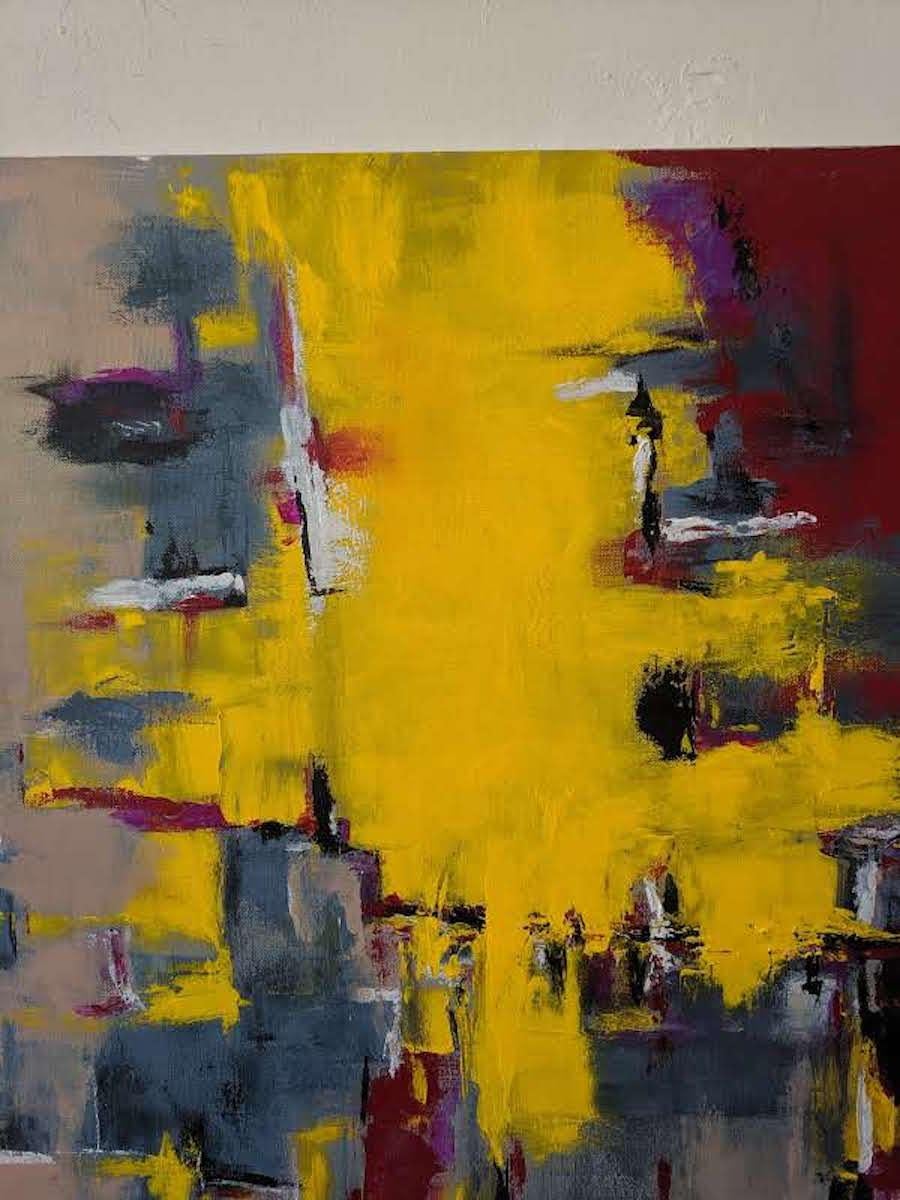 This is an abstract painting in acrylic that emphasizes chrome yellow, maroon, and grey-blue. Relying on geometric repetitions, this abstract painting presents the pictorial space as a landscape of forms. The artist has signed the painting in the