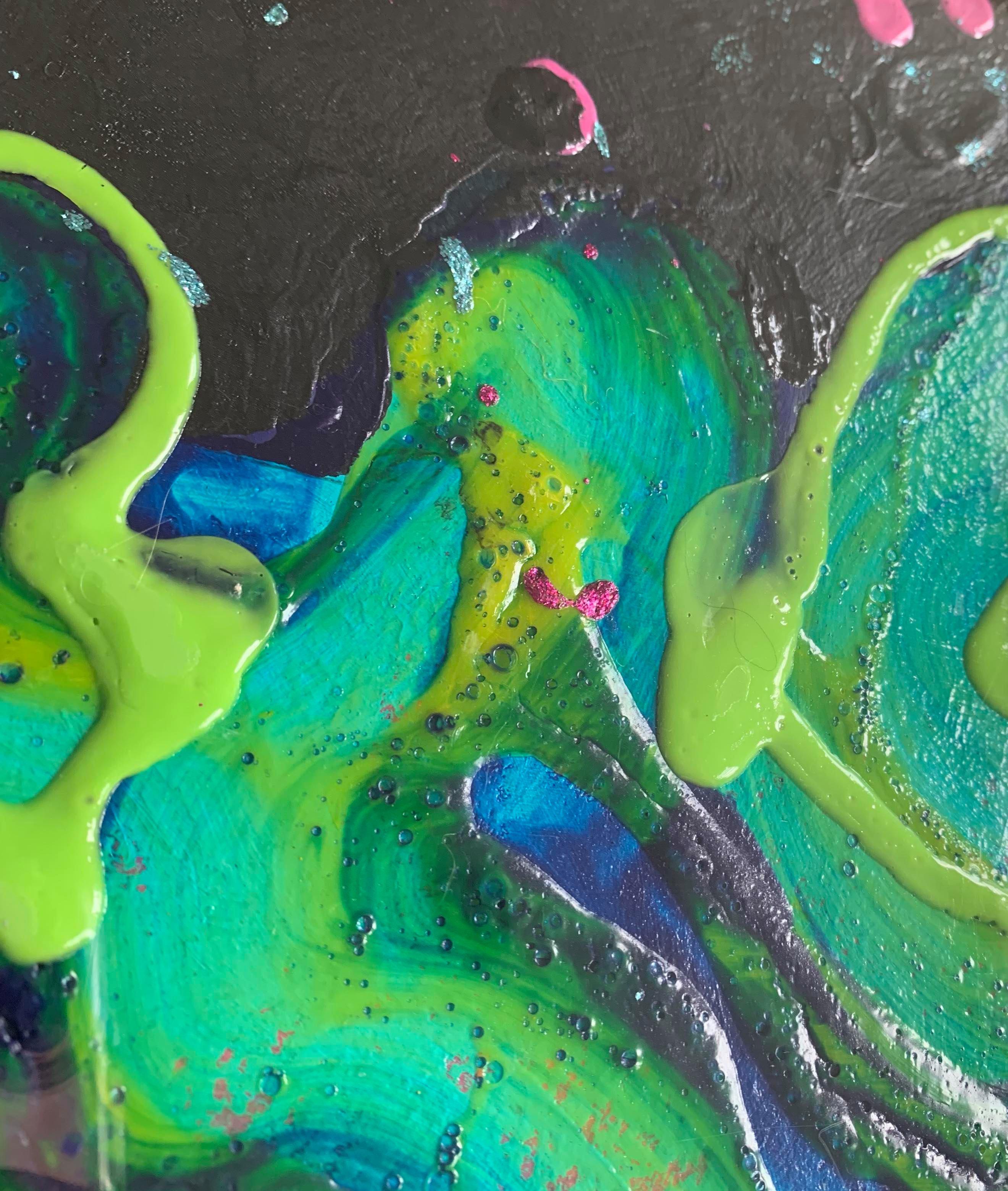 This abstract piece on paper foregrounds several organic forms in green, turquoise, and cerulean blue. In the upper half of the painting, there are brushstrokes in magenta. The artist has held on to this piece in her personal collection since it was