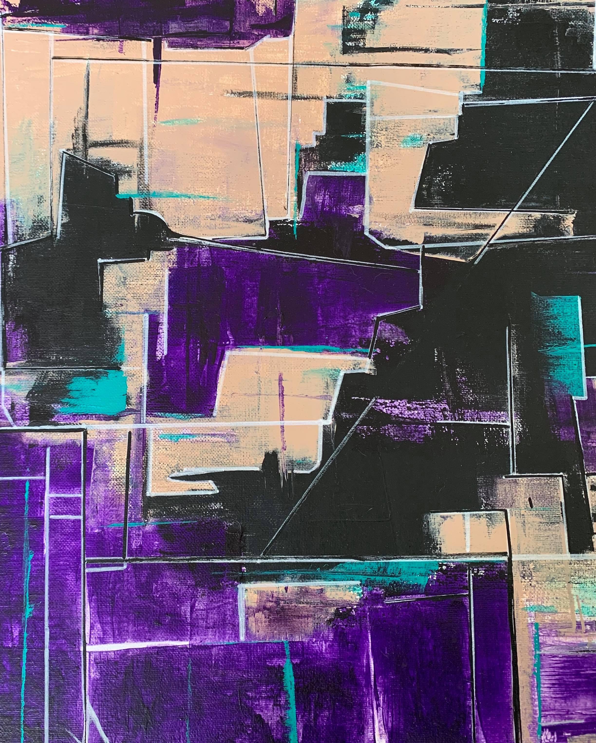 This abstract acrylic on canvas painting leans towards a geometric composition in which beige, purple, and black predominate. The pictorial space is divided by mostly white lines that give texture to it. The artist has signed this piece in the