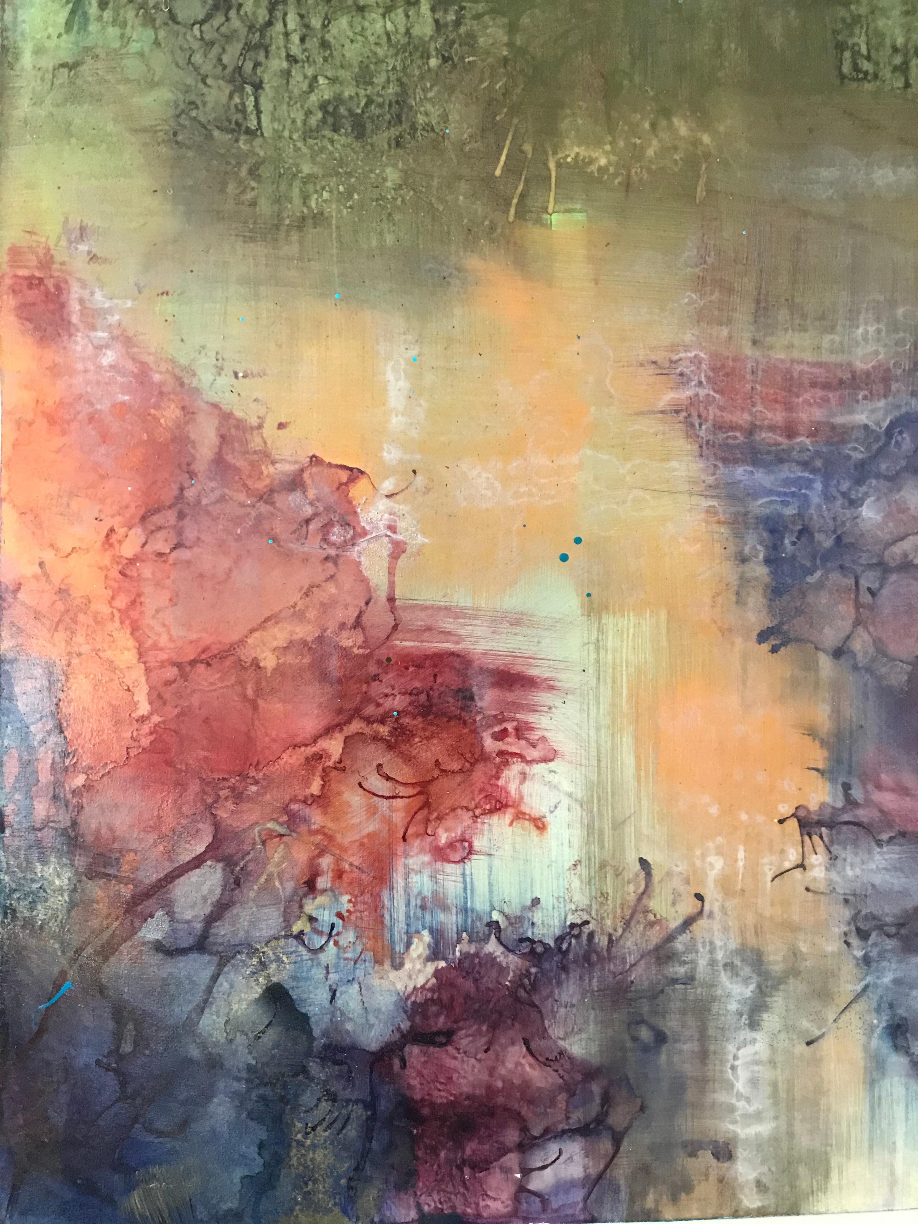 This acrylic on board piece uses muted colors such as mossy green, crimson, indigo, and pale goldenrods to create a lively pictorial space. Colors, composition, and the size of this piece symbolize reclamation and rebuilding. Although a painting on