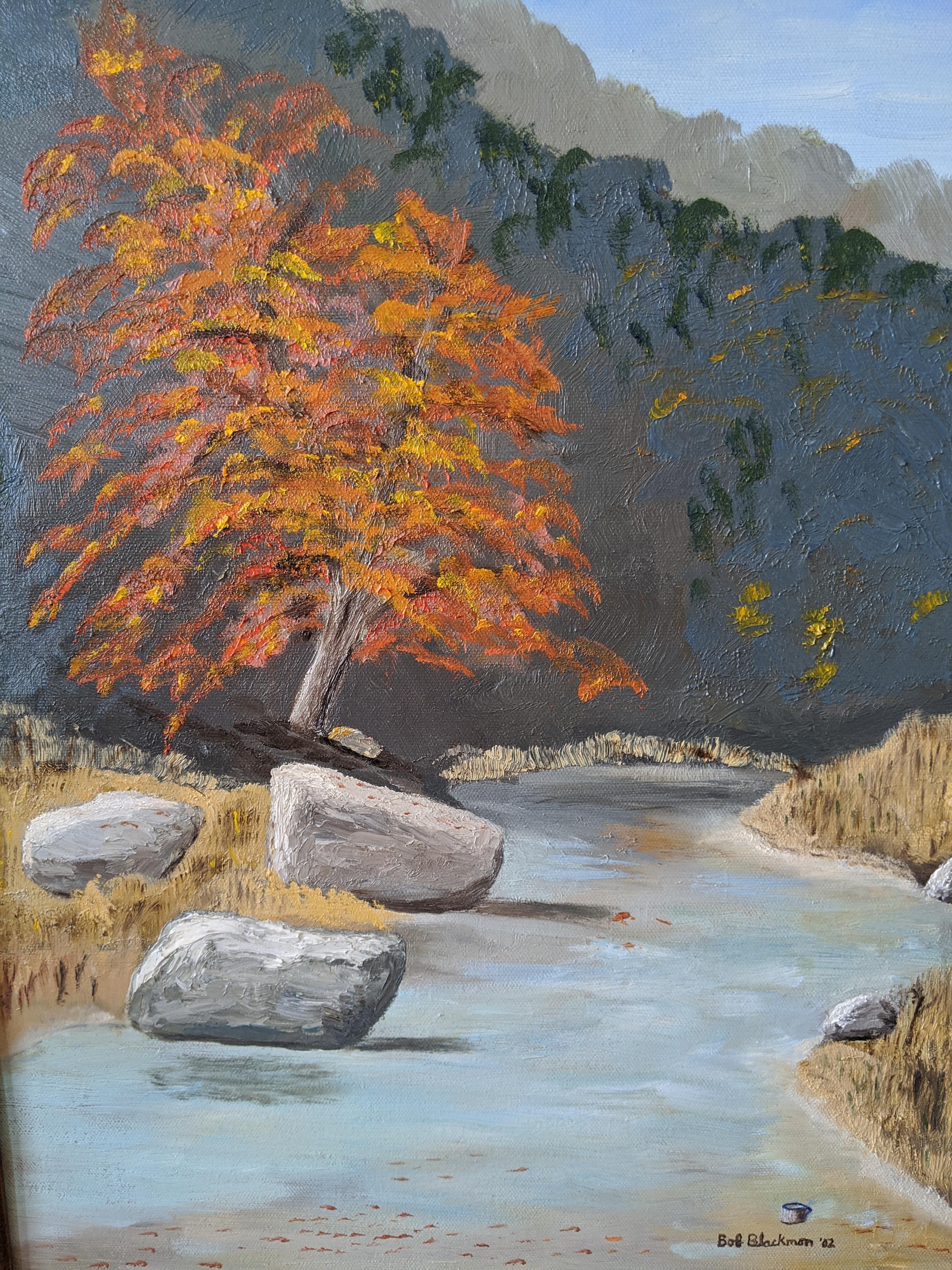 Oil on Canvas Landscape --- Cibolo Creek - Gray Still-Life Painting by Bob Blackmon