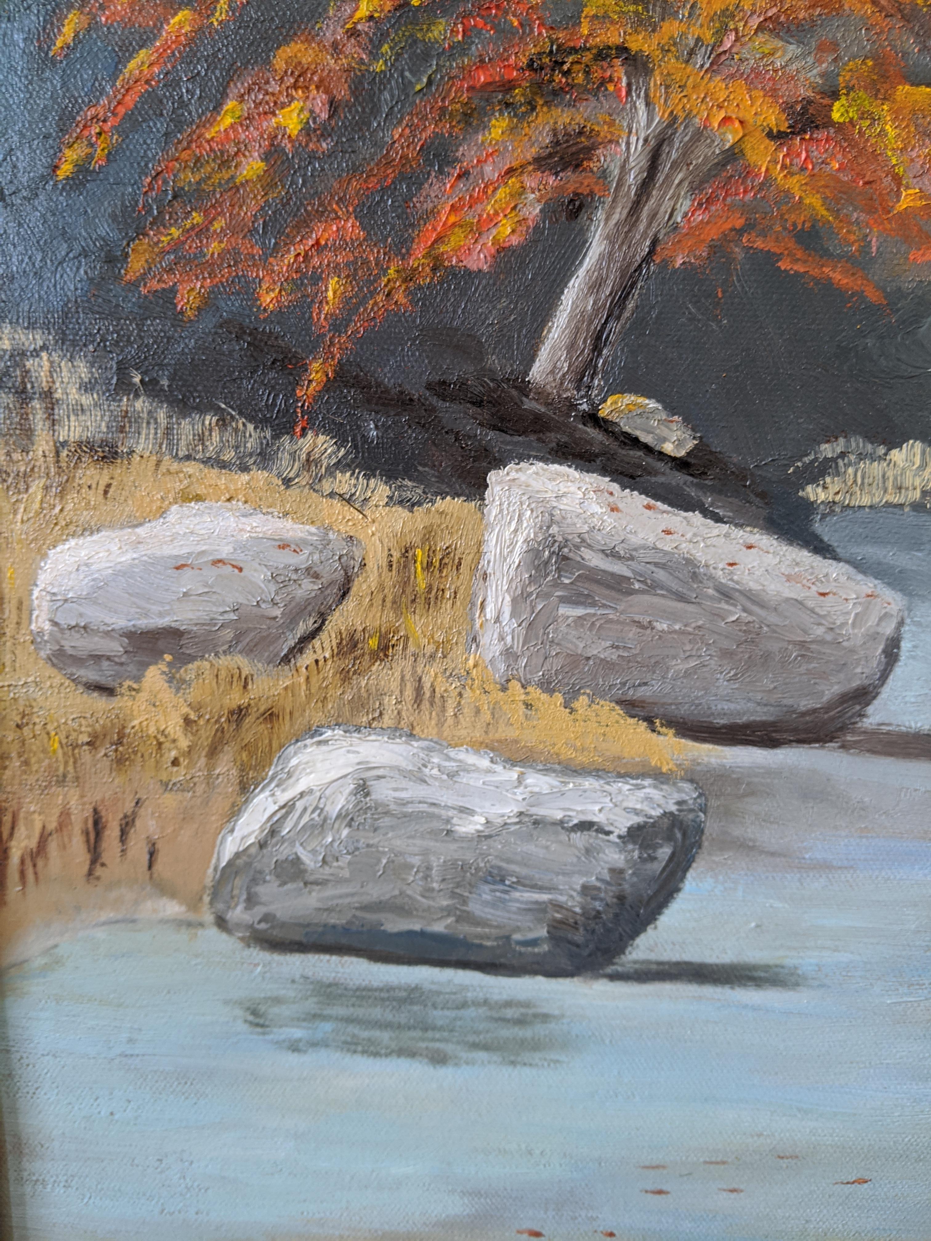 This oil on canvas painting depicts Cibolo Creek in Texas, and shows a section with a beautiful stretch of light blue water and a vibrant burnt orange tree. The composition is balanced and the reflections in the water create a sense of tranquility.