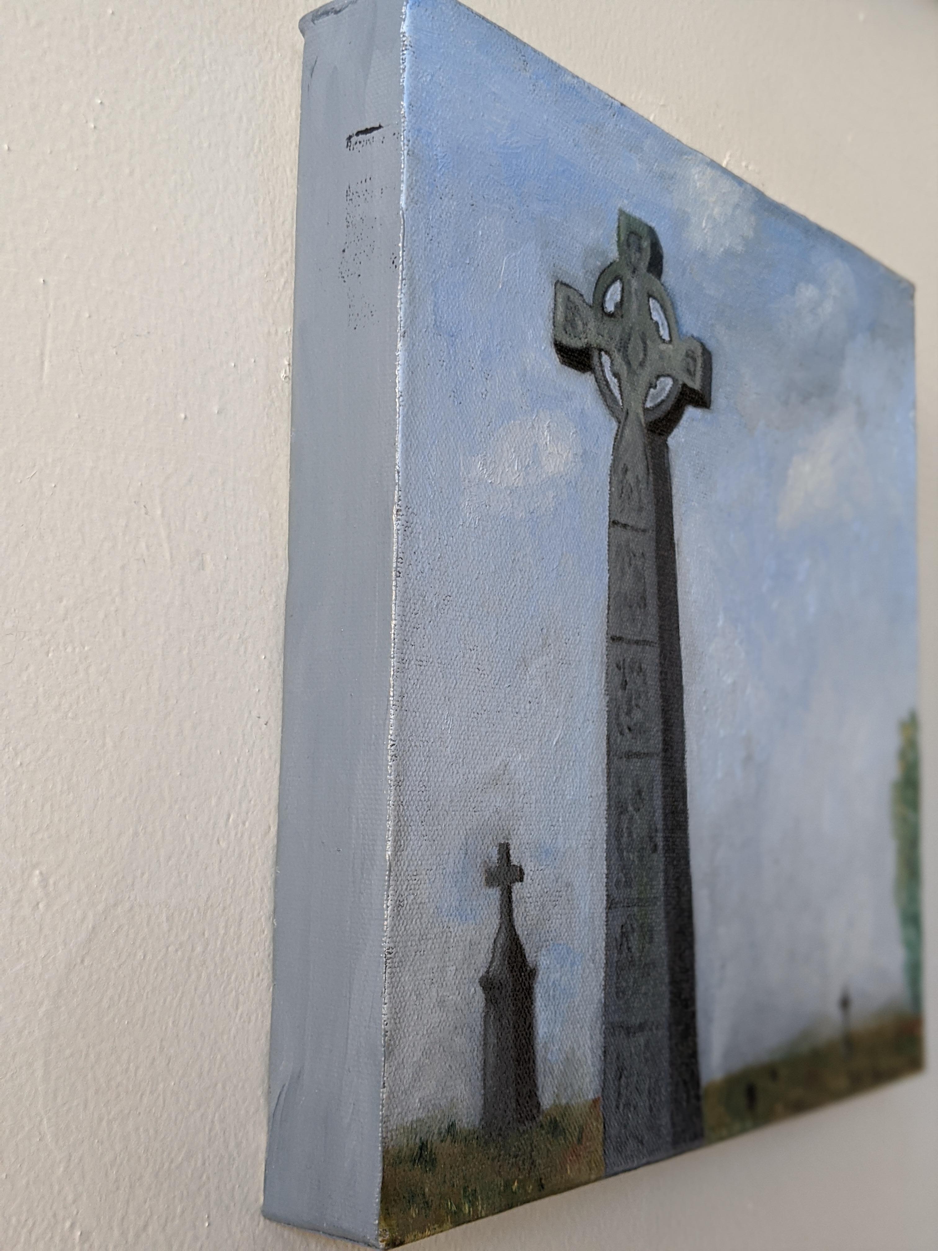 This oil on canvas painting features a view of the Clonmacnoise monastery in County Offaly, Ireland. Clonmacnoise means 