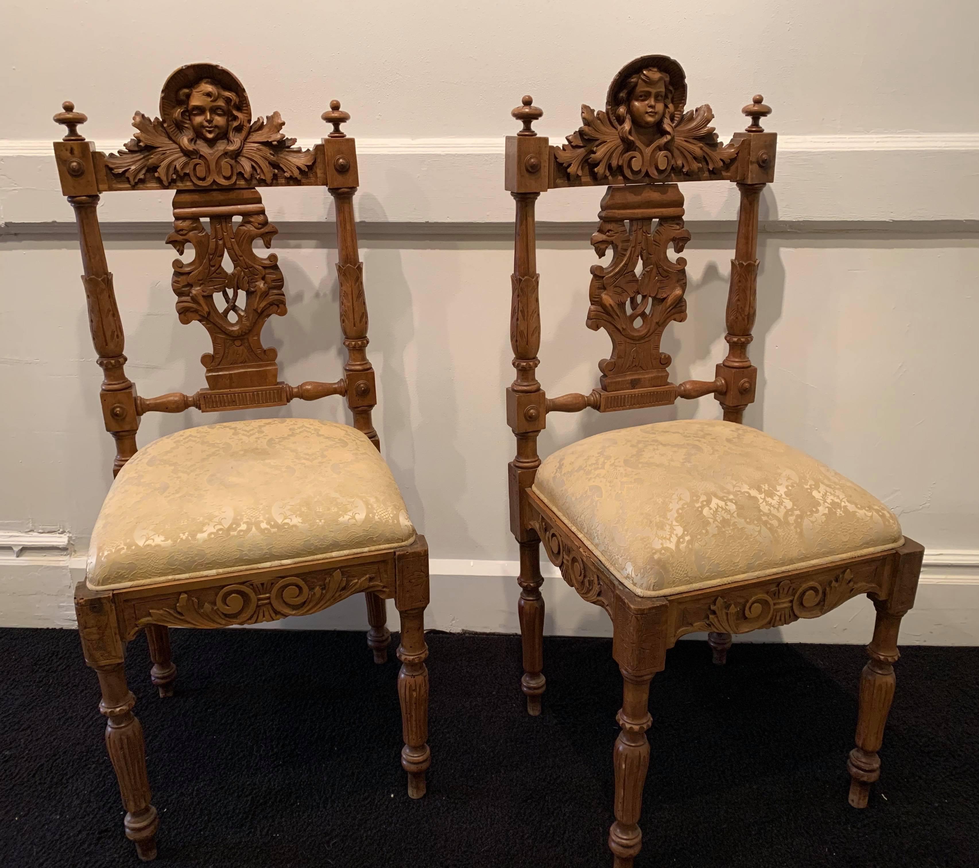 19th Century Pair of Hand-Carved Hall Chairs from Mexico - Brown Figurative Sculpture by Unknown