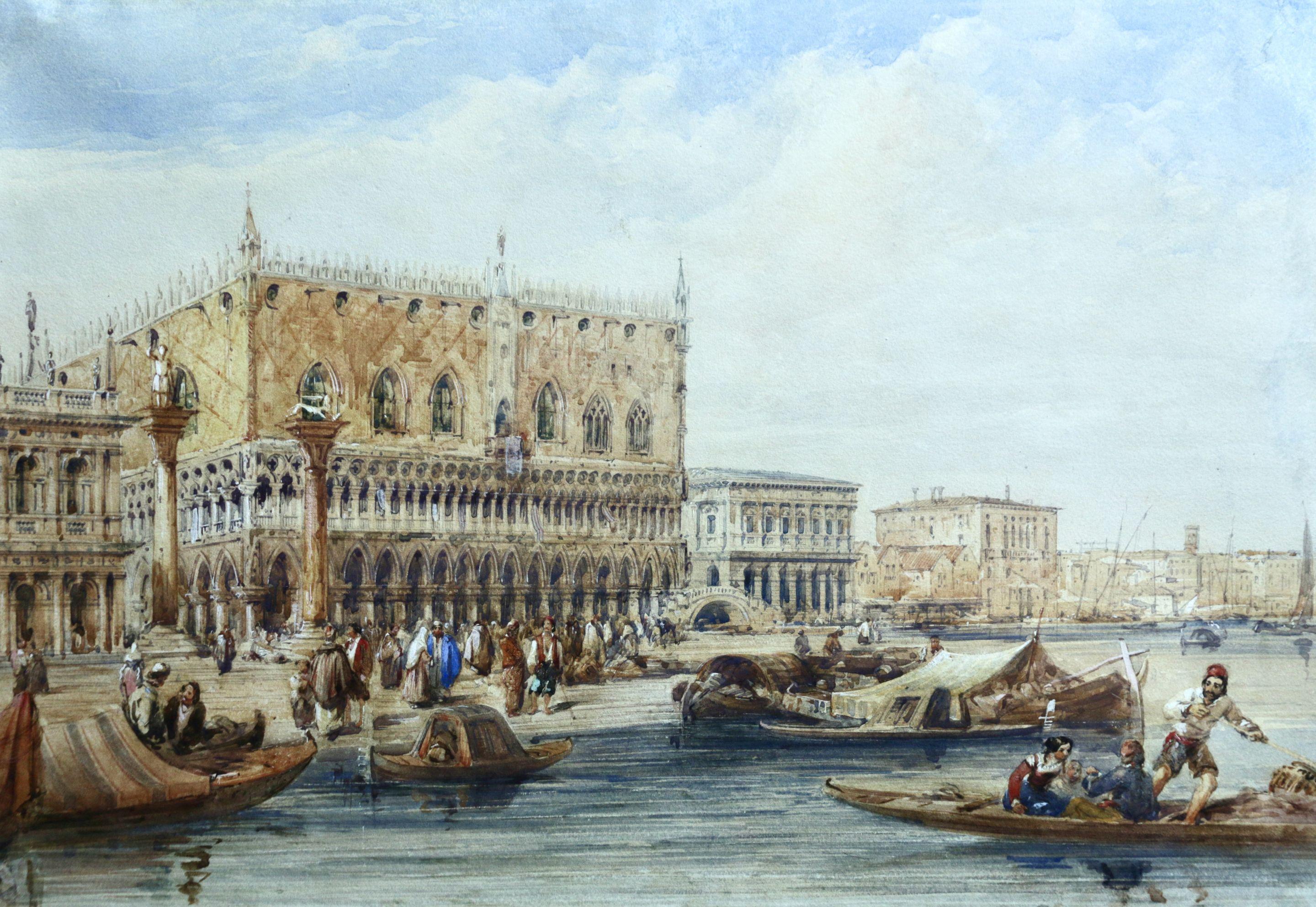 Edward Pritchett Landscape Painting - Venice - Doges Palace, 19th Century Traditional Figures in Marine Seascape