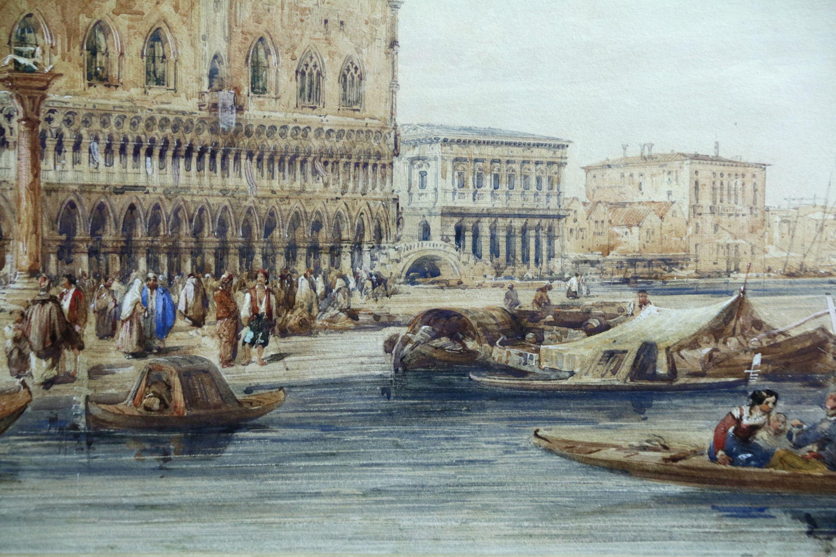 Venice - Doges Palace, 19th Century Traditional Figures in Marine Seascape - Gray Landscape Painting by Edward Pritchett