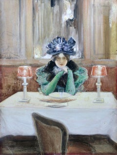 Elegant in a Cafe - 19th Century Watercolour, Figure in Interior by Montzaigle