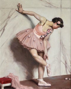 Ballet Dancer -20th Century Oil, Ballerina Figure in Interior, by Auguste Leroux