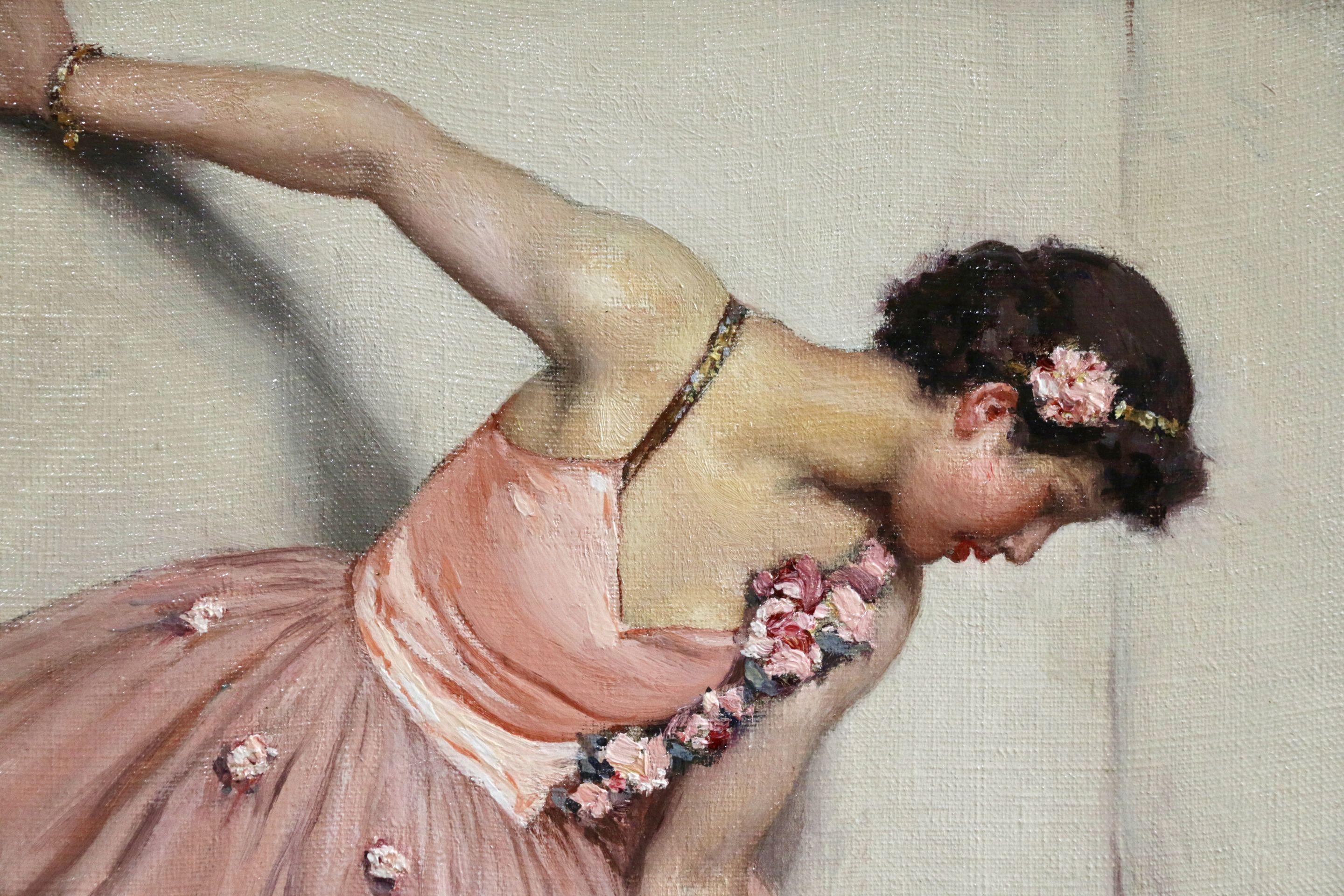 Ballet Dancer -20th Century Oil, Ballerina Figure in Interior, by Auguste Leroux - Painting by Jules Marie Auguste Leroux