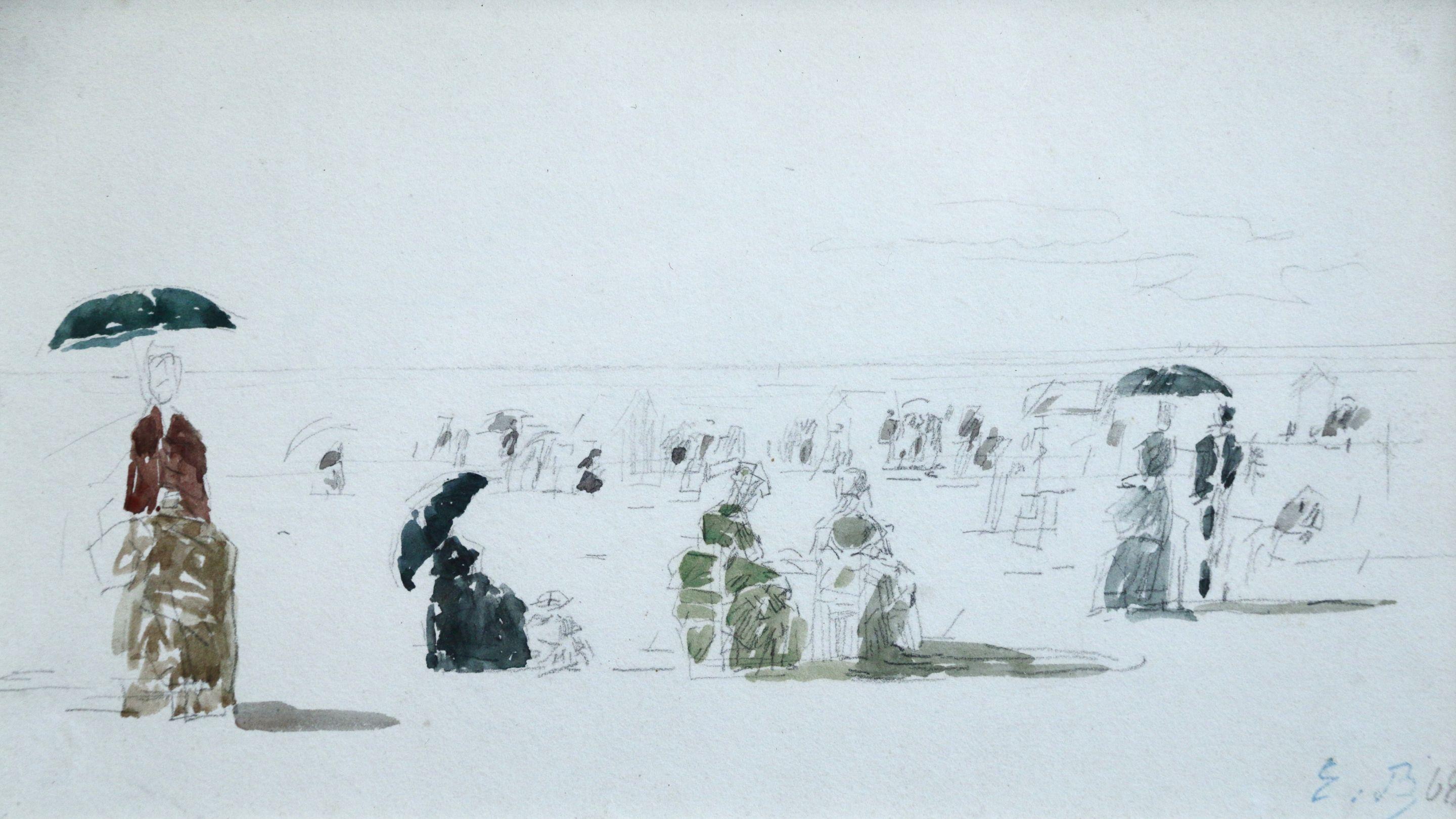 Eugène Louis Boudin Landscape Art - Crinolones sur la Plage-Boulogne - 19th Century, Figures on Beach by E Boudin
