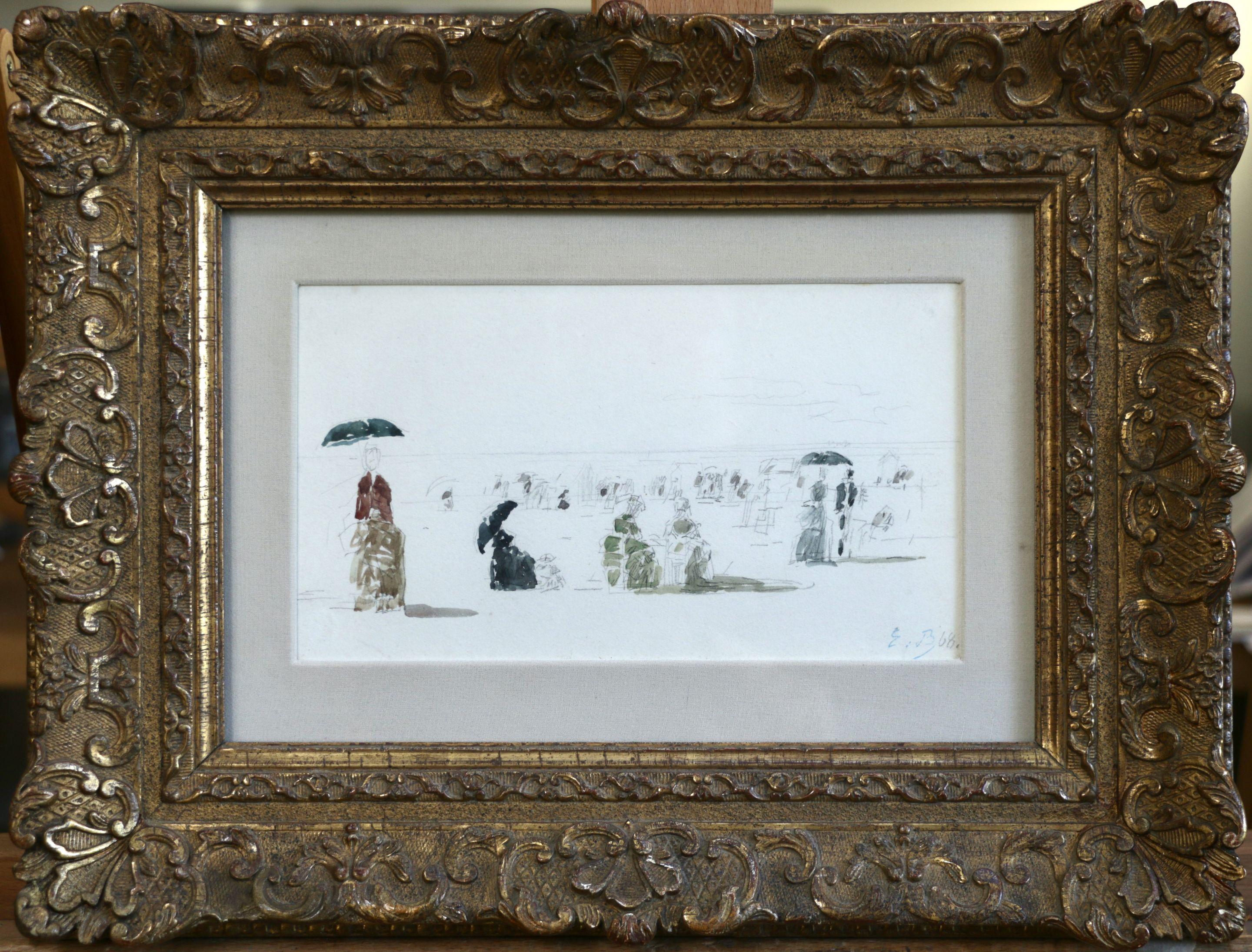 Crinolones sur la Plage-Boulogne - 19e siècle, Figures sur plage par E Boudin - Art de Eugène Louis Boudin
