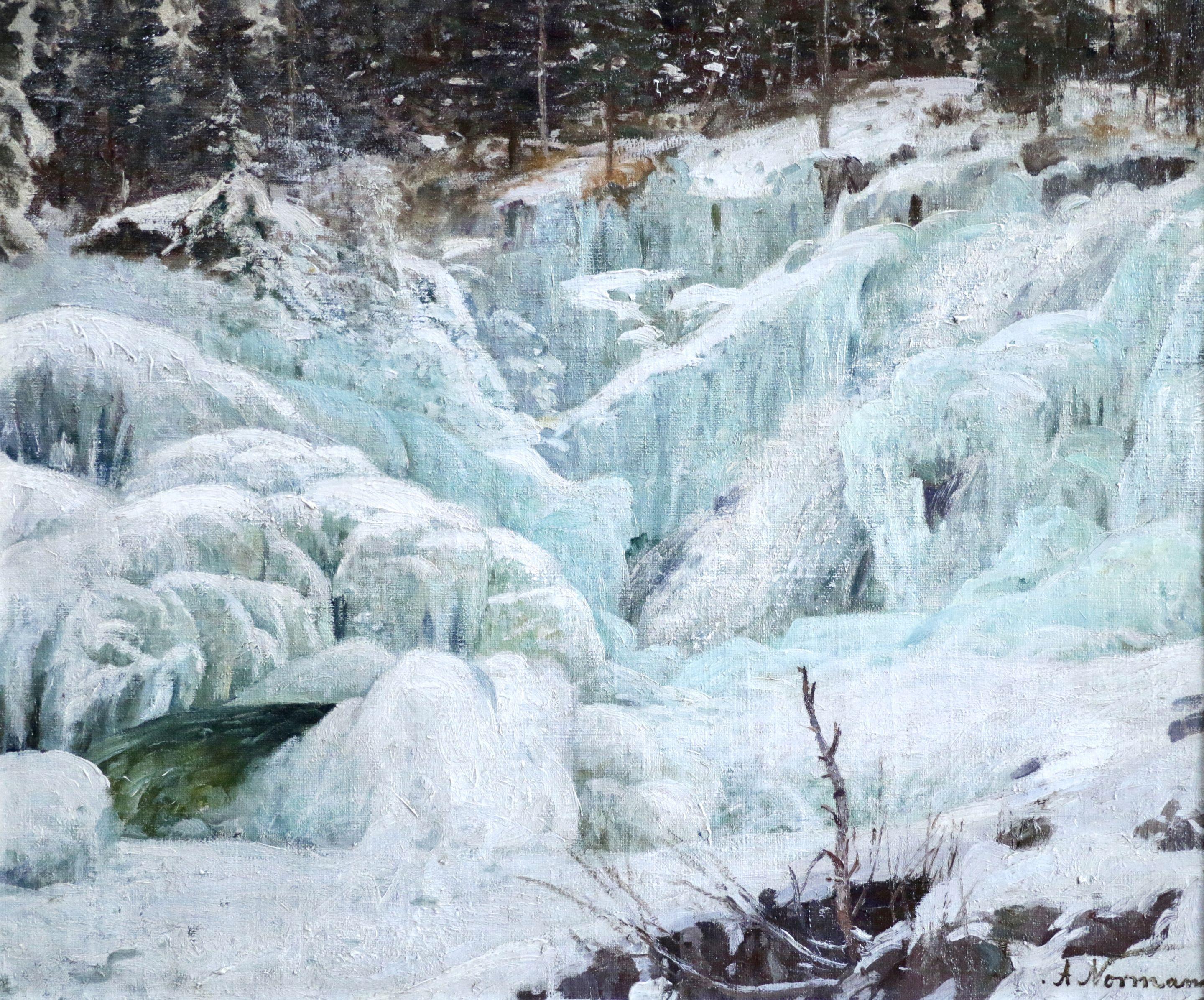 Winter - 19. Jahrhundert Traditionelles Ölgemälde:: Schnee in Waldlandschaft von einem Normann – Painting von Adelsteen Normann